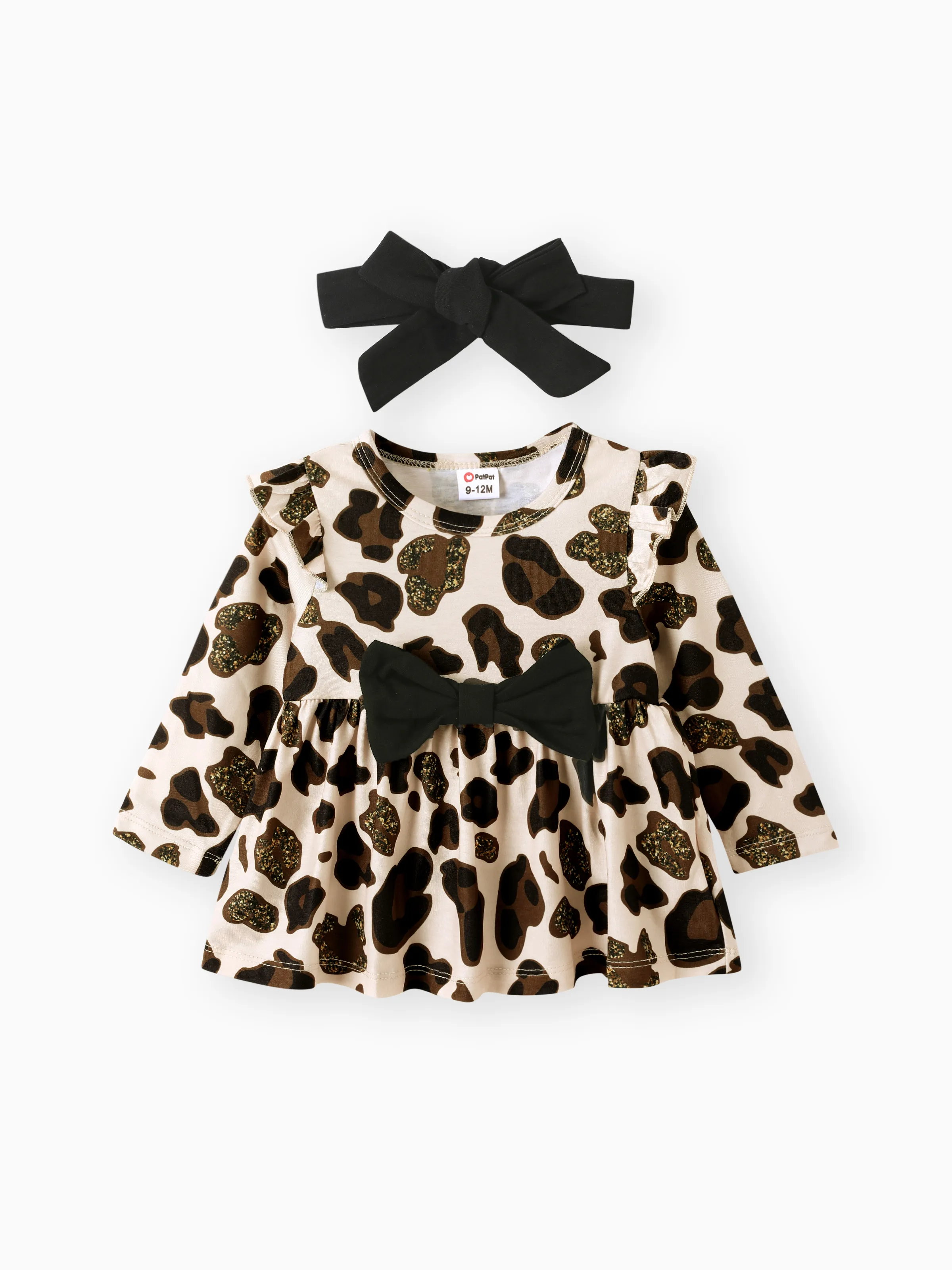 Baby Girl Clothes 3pcs Leopard Ruffle Top and Leggings with Headband Set Apricot - Image 3