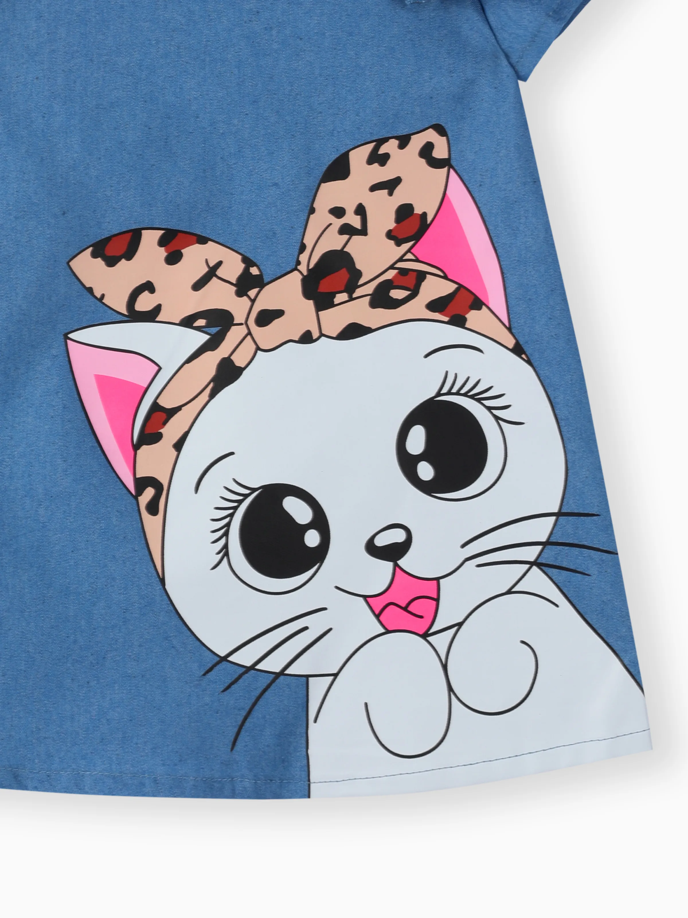 Baby Girl Cute Cat Print Ruffled Short-sleeve Dress Blue - Image 2
