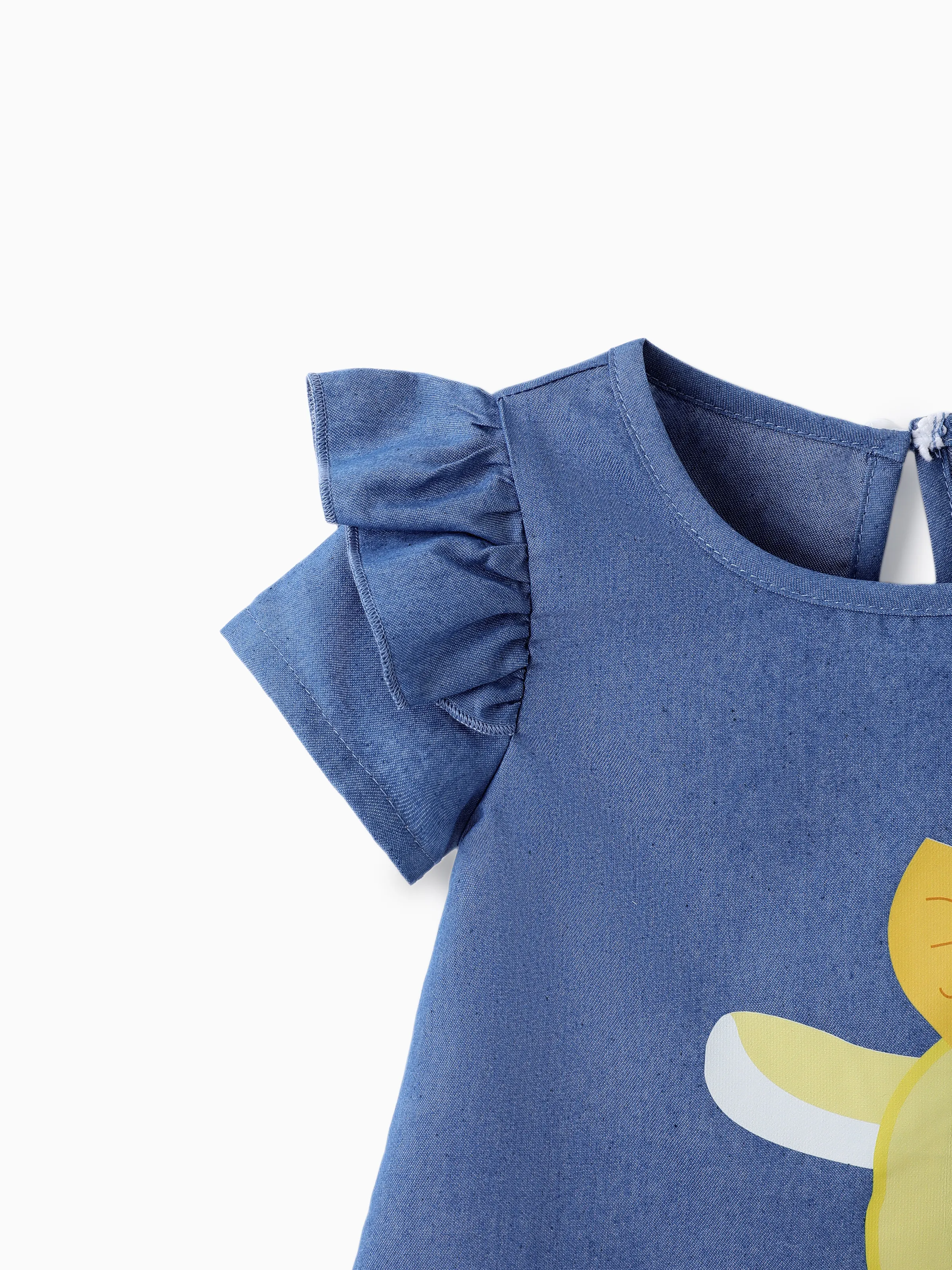 Baby Girl Cute Cat Print Ruffled Short-sleeve Dress Yellow - Image 5