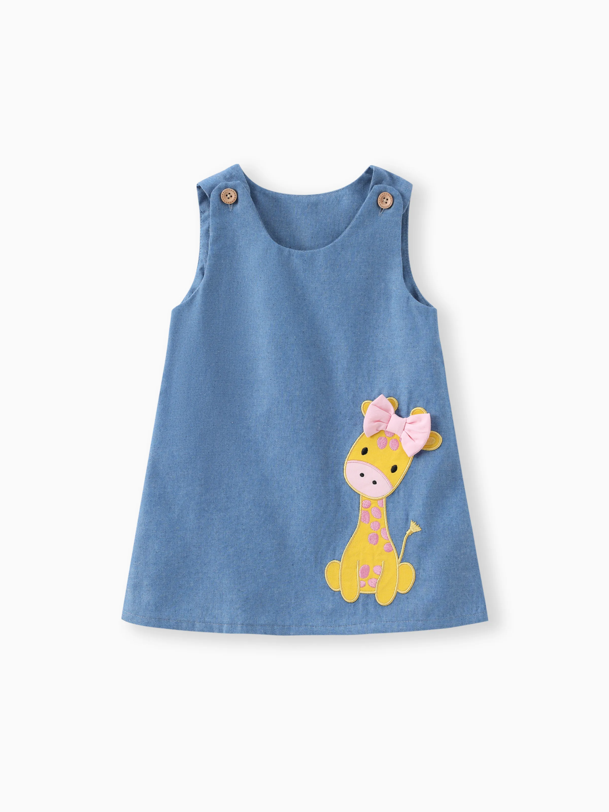 Baby Girl Giraffe Bowknot Solid Blue Denim Tank Dress Sky blue - Image 2