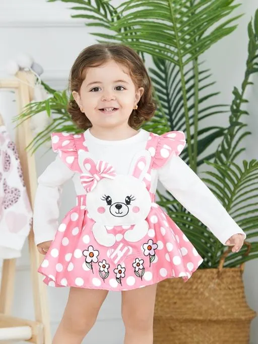 Baby Girl Rabbit Pattern Ruffle Long Sleeve Romper Pink - Image 3
