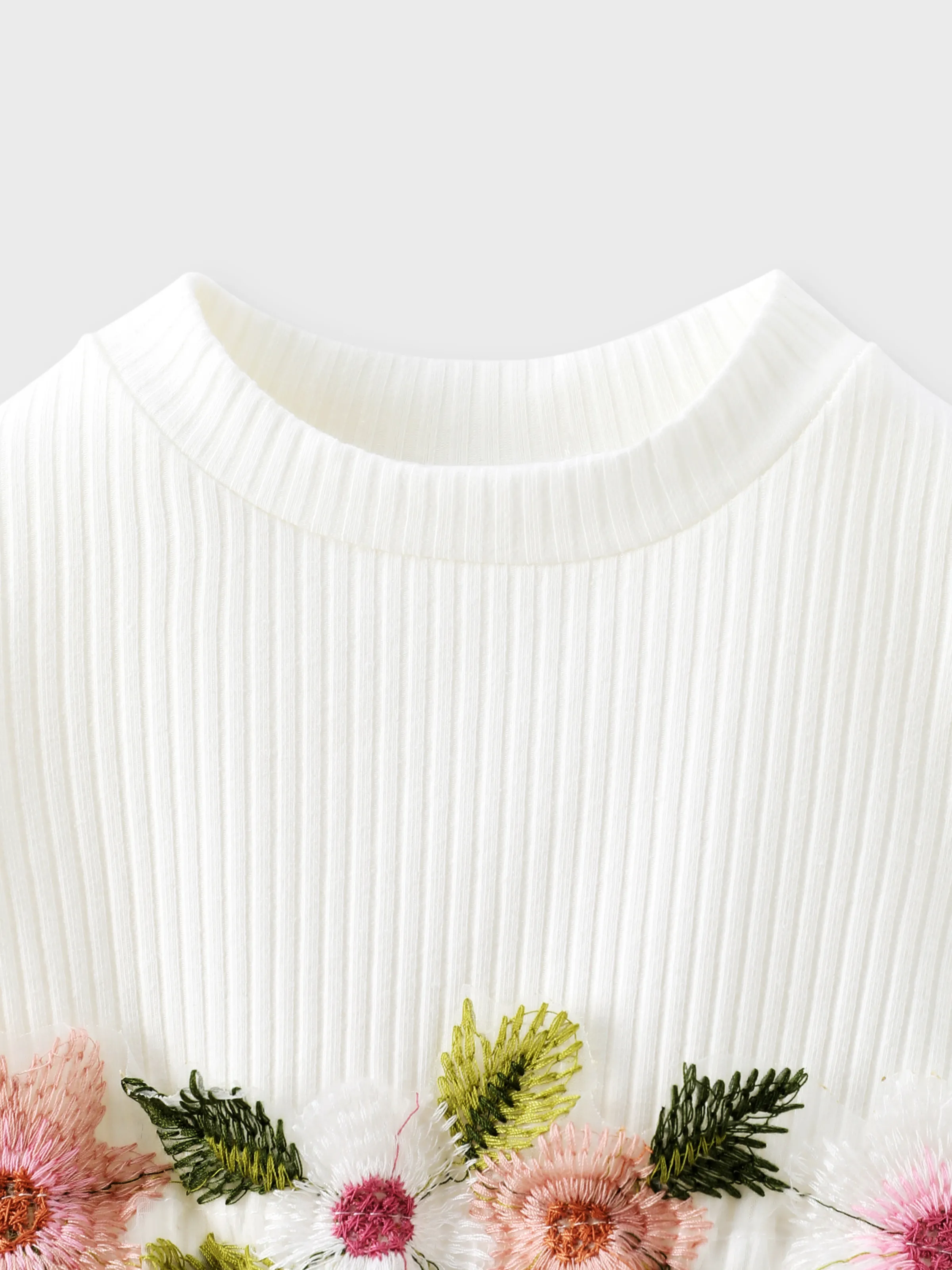 Baby Girl White Ribbed Long-sleeve Splicing Floral Embroidered Mesh Fairy Dress White - Image 2
