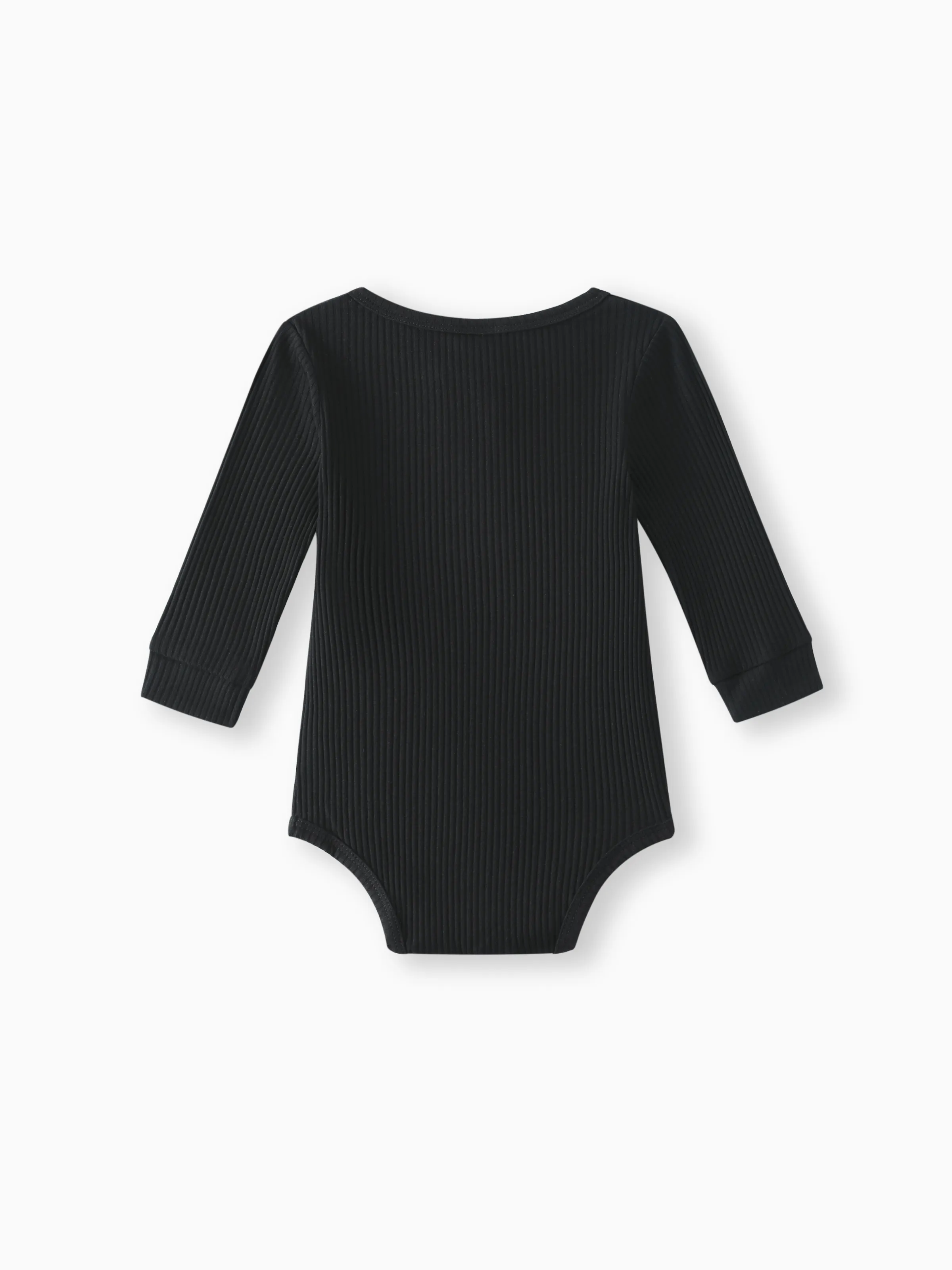 Baby Girl/Boy Cotton Button Design Solid Color Ribbed Long-sleeve Rompers Black - Image 2