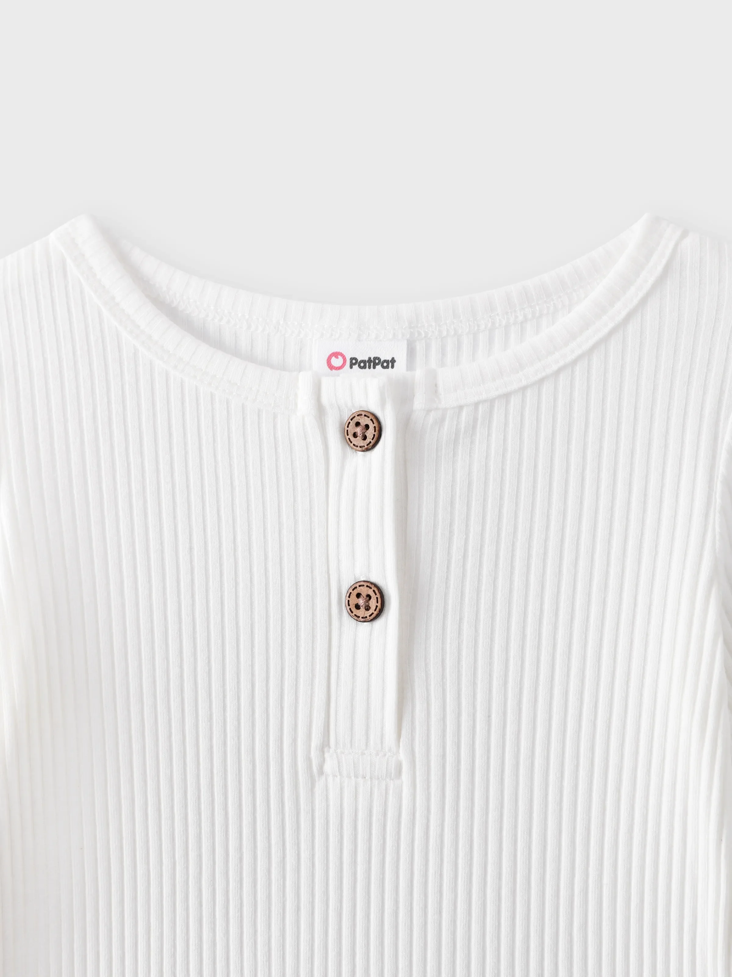 Baby Girl/Boy Cotton Button Design Solid Color Ribbed Long-sleeve Rompers White - Image 3