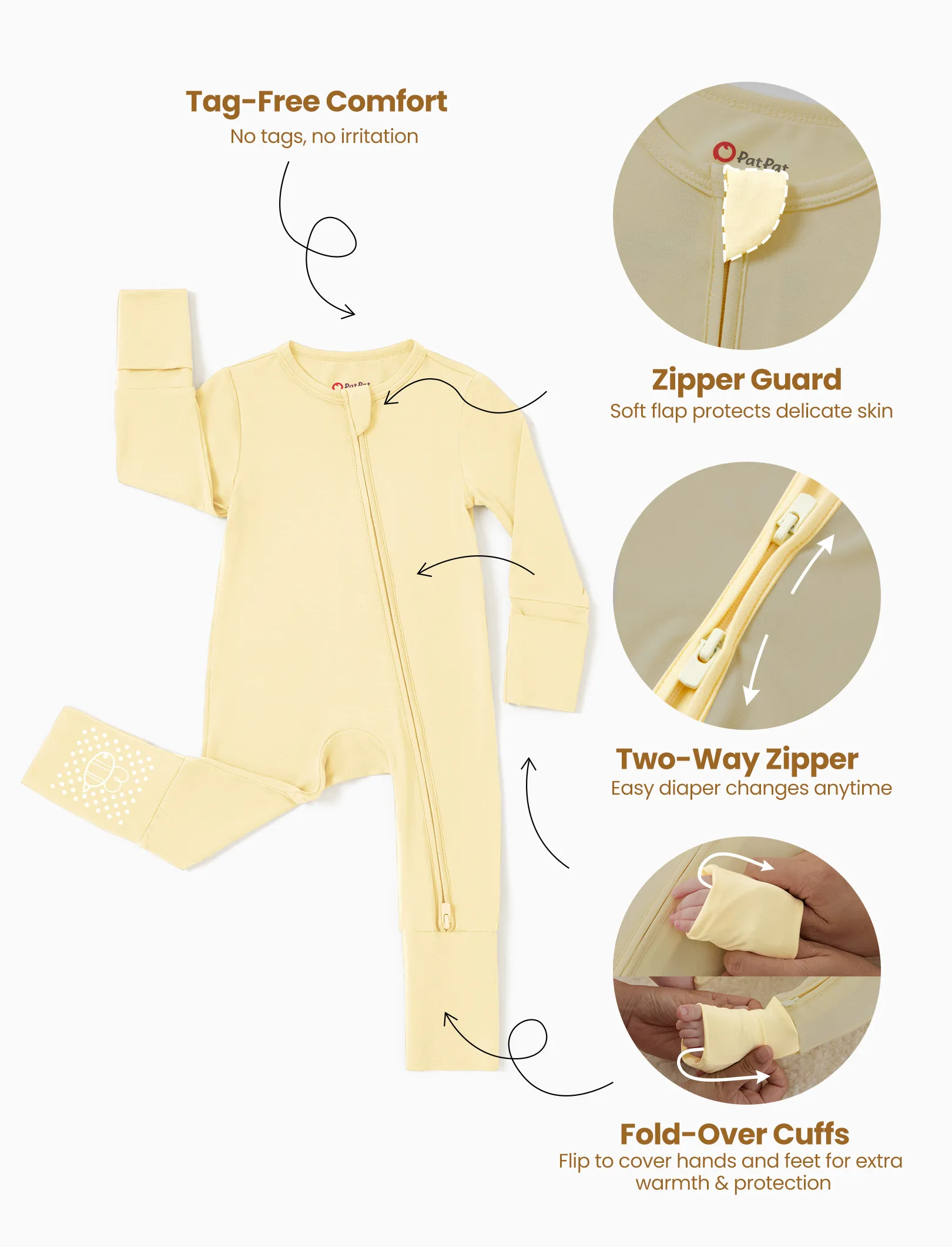 Bamboo 2-Pack Footies Baby Boy / Girl 2-Way Zipper Anti Slip Long Sleeve Rompers Pale Yellow - Image 7