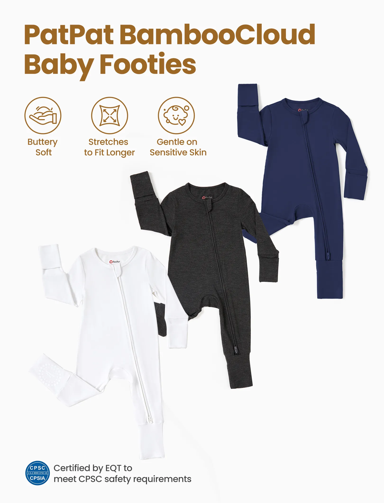 Bamboo Baby Boy / Girl 3-Pack Solid&Rainbow Printed 2-Way Zipper Anti Slip Long-sleeve Footie Dark Blue - Image 3