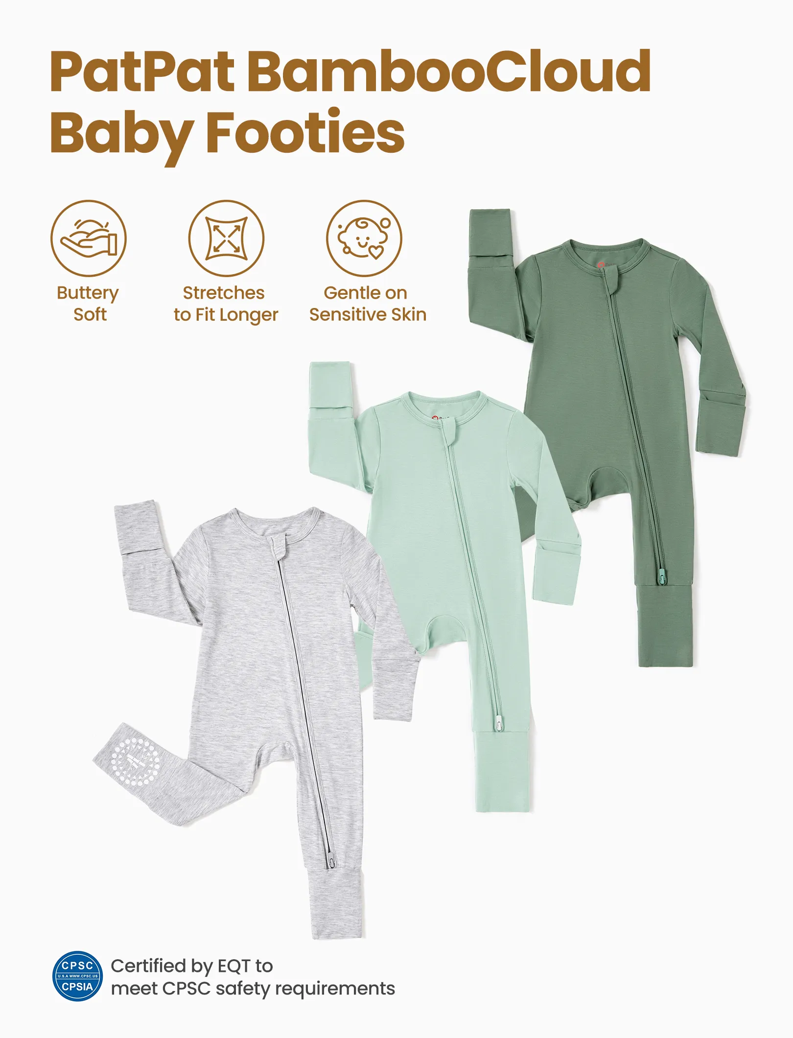 Bamboo Baby Boy / Girl 3-Pack Solid&Rainbow Printed 2-Way Zipper Anti Slip Long-sleeve Footie Green - Image 6