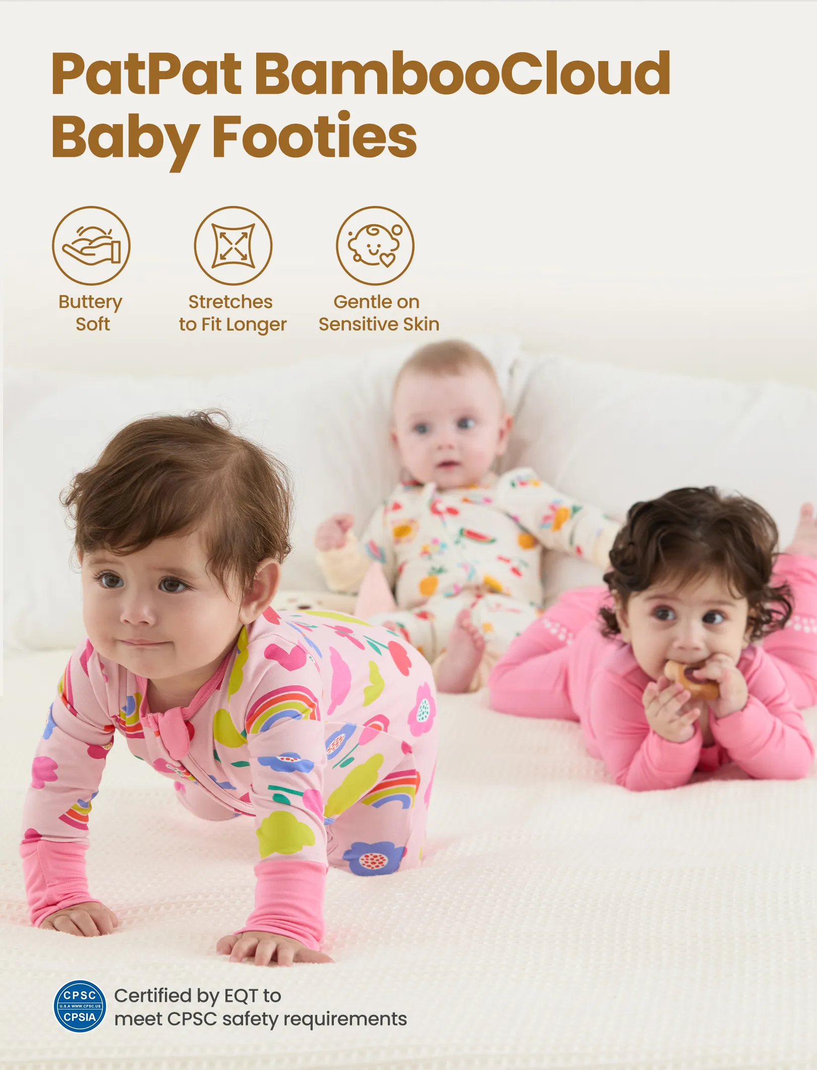 Bamboo Baby Boy / Girl 3-Pack Solid&Rainbow Printed 2-Way Zipper Anti Slip Long-sleeve Footie Pink - Image 3