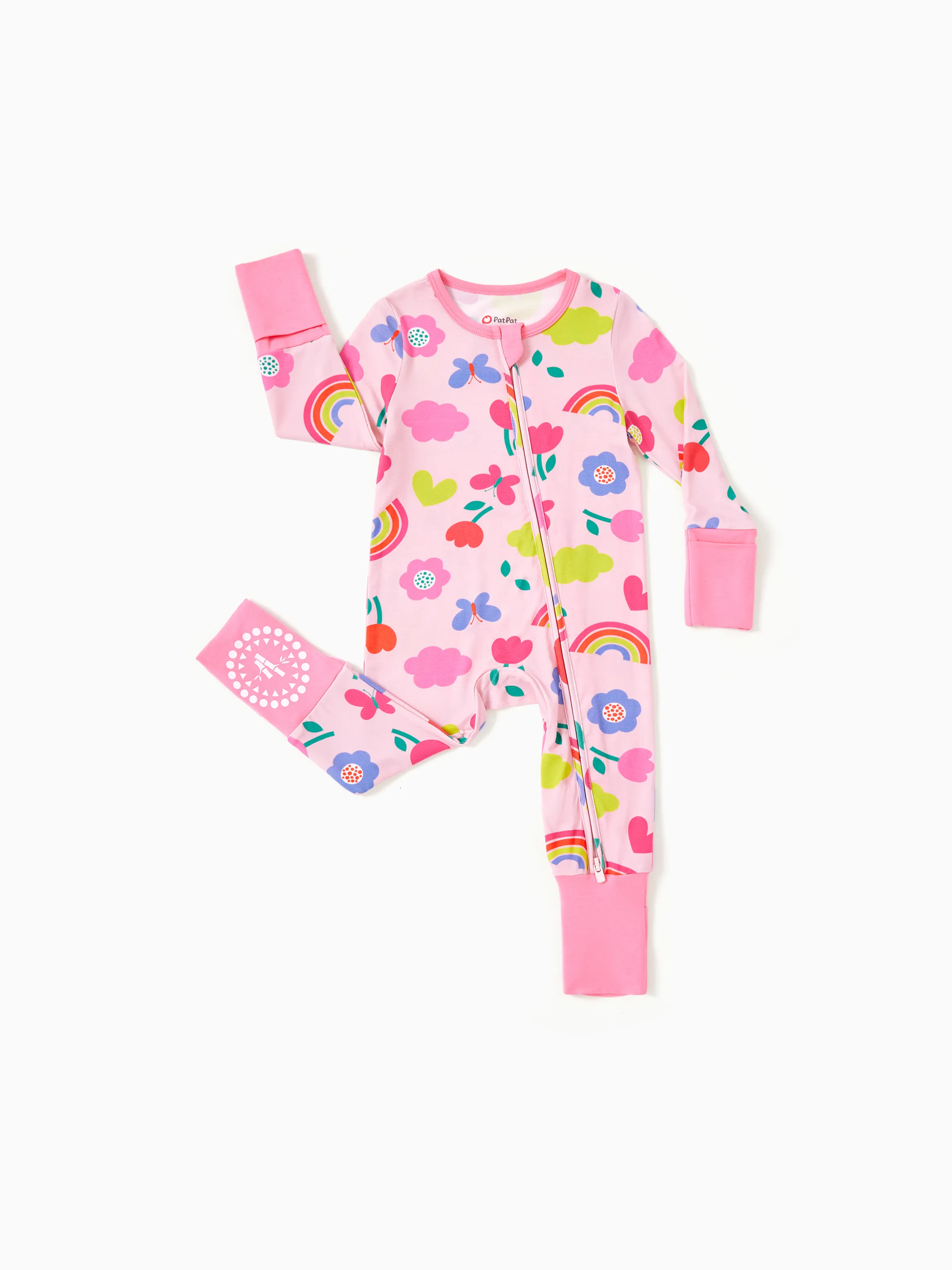 Bamboo Baby Boy / Girl 3-Pack Solid&Rainbow Printed 2-Way Zipper Anti Slip Long-sleeve Footie Pink - Image 8