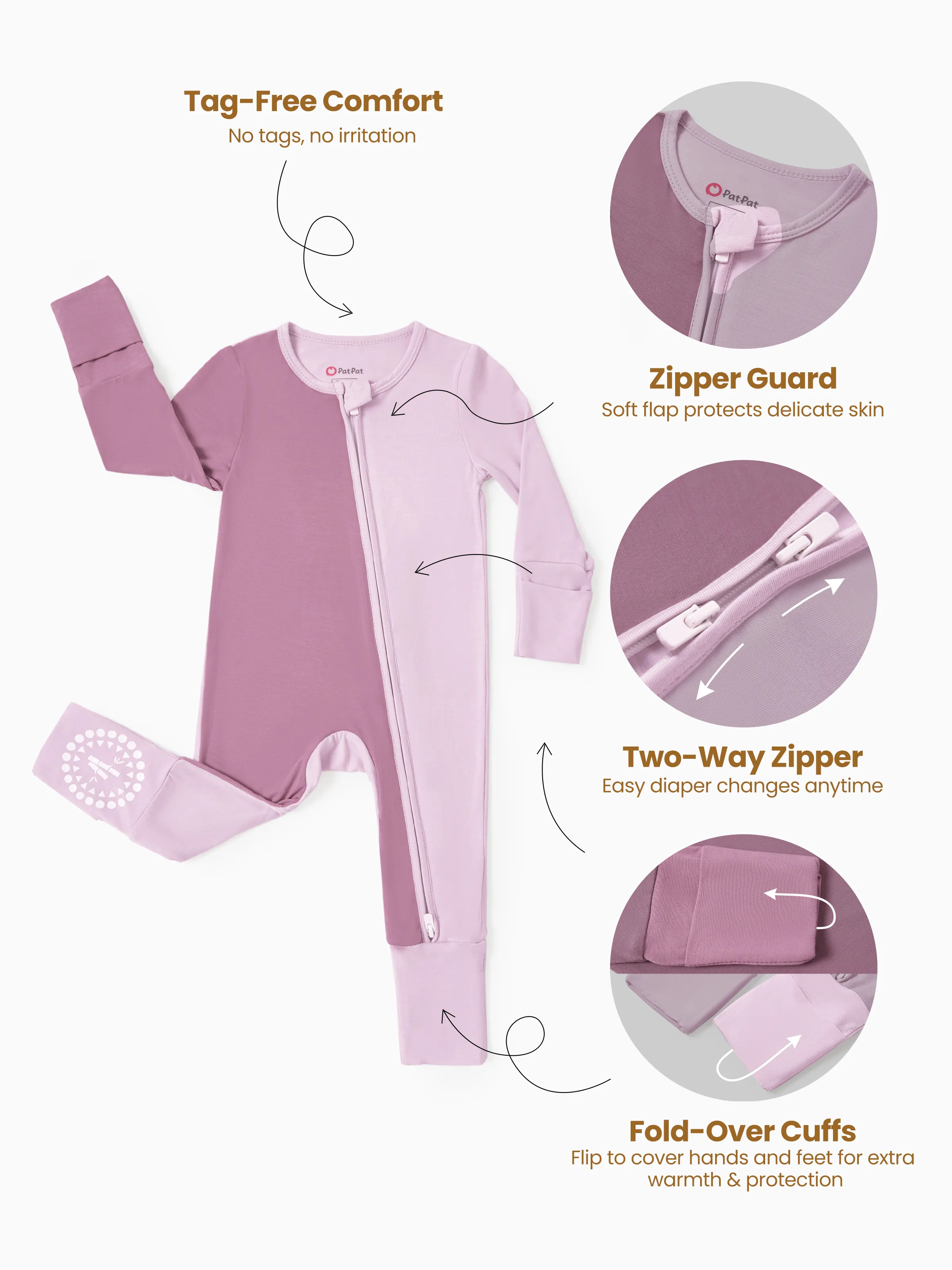 Bamboo Baby Boy / Girl Color Block 2-Way Zipper Anti Slip Long Sleeve Rompers Purple - Image 3
