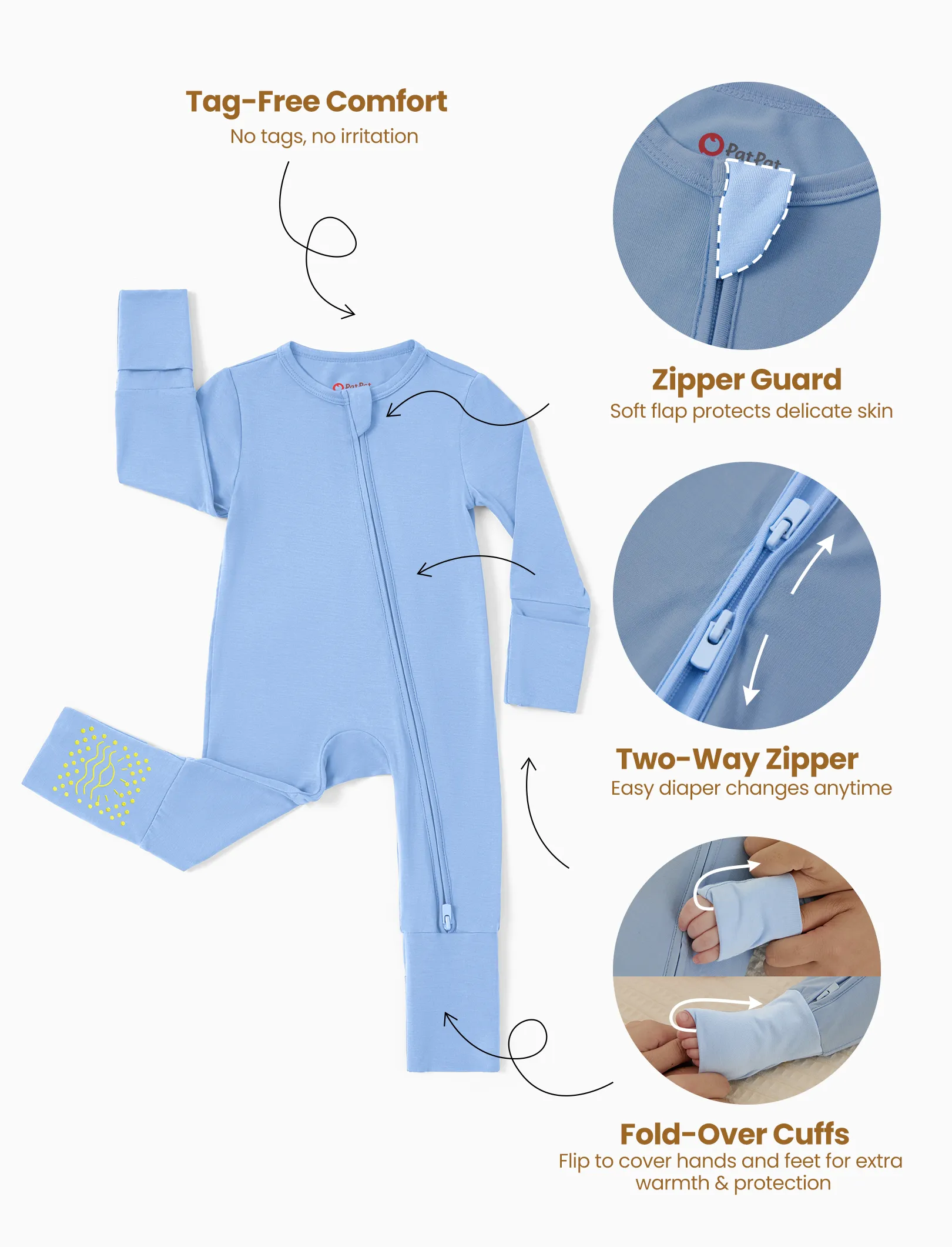 Bamboo Baby Boy/Girl 2-Pack Solid&Bee Printed 2-Way Zipper Anti Slip Footie Blue - Image 6
