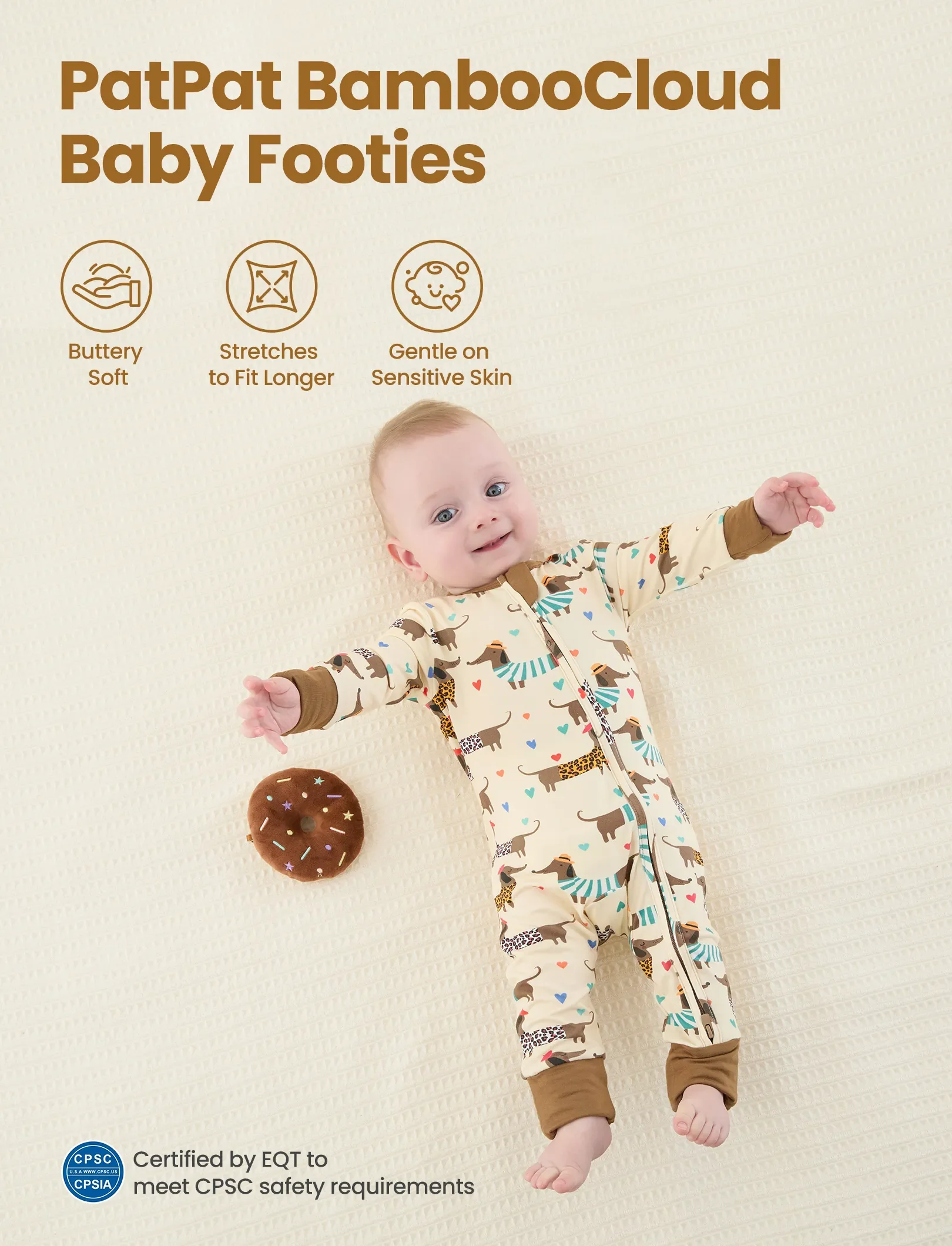 Bamboo Baby Boy/Girl 2-Pack Solid&Bee Printed 2-Way Zipper Anti Slip Footie Coffee - Image 3