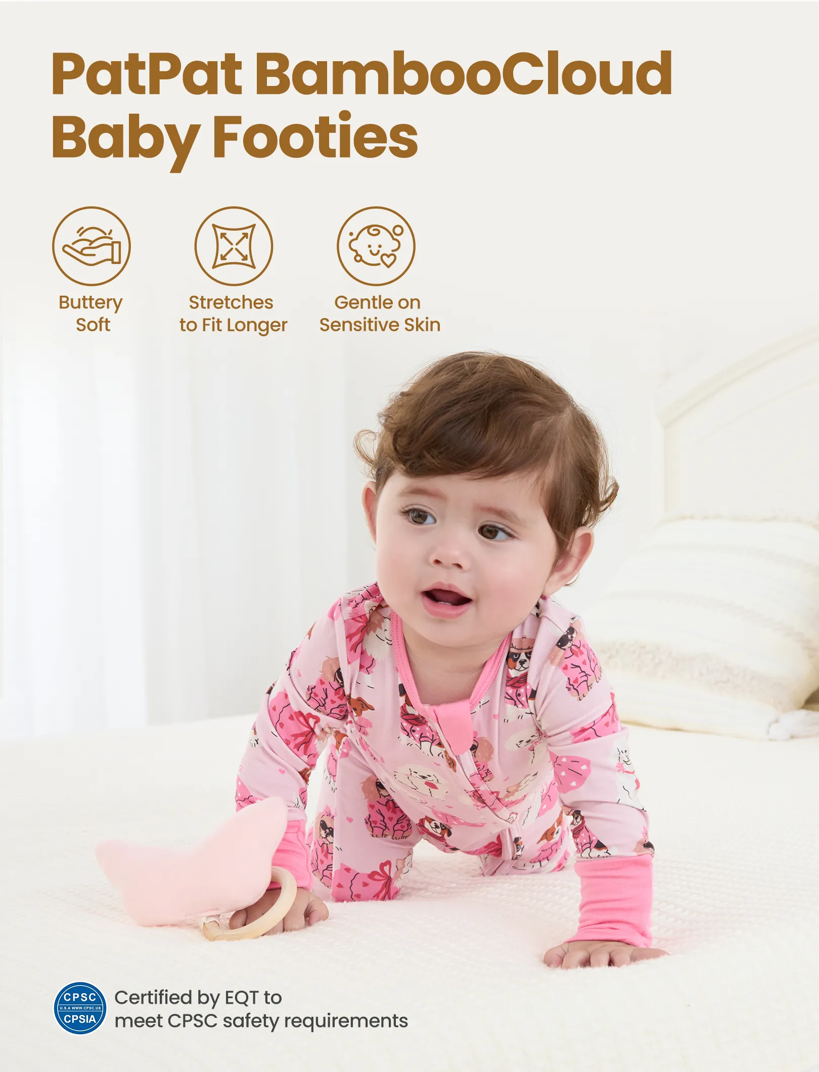 Bamboo Baby Boy/Girl 2-Pack Solid&Bee Printed 2-Way Zipper Anti Slip Footie Pink - Image 3