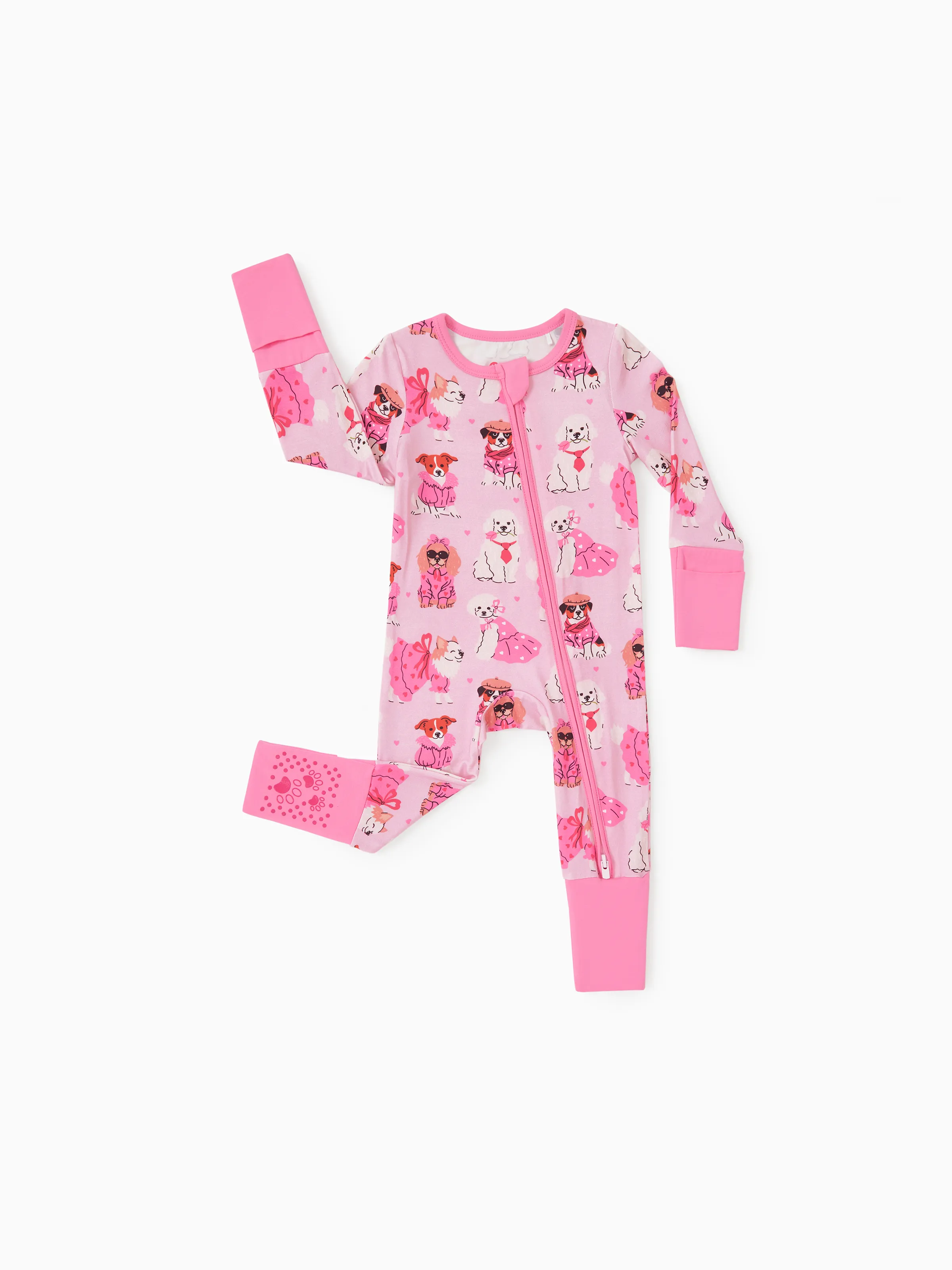 Bamboo Baby Boy/Girl 2-Pack Solid&Bee Printed 2-Way Zipper Anti Slip Footie Pink - Image 9