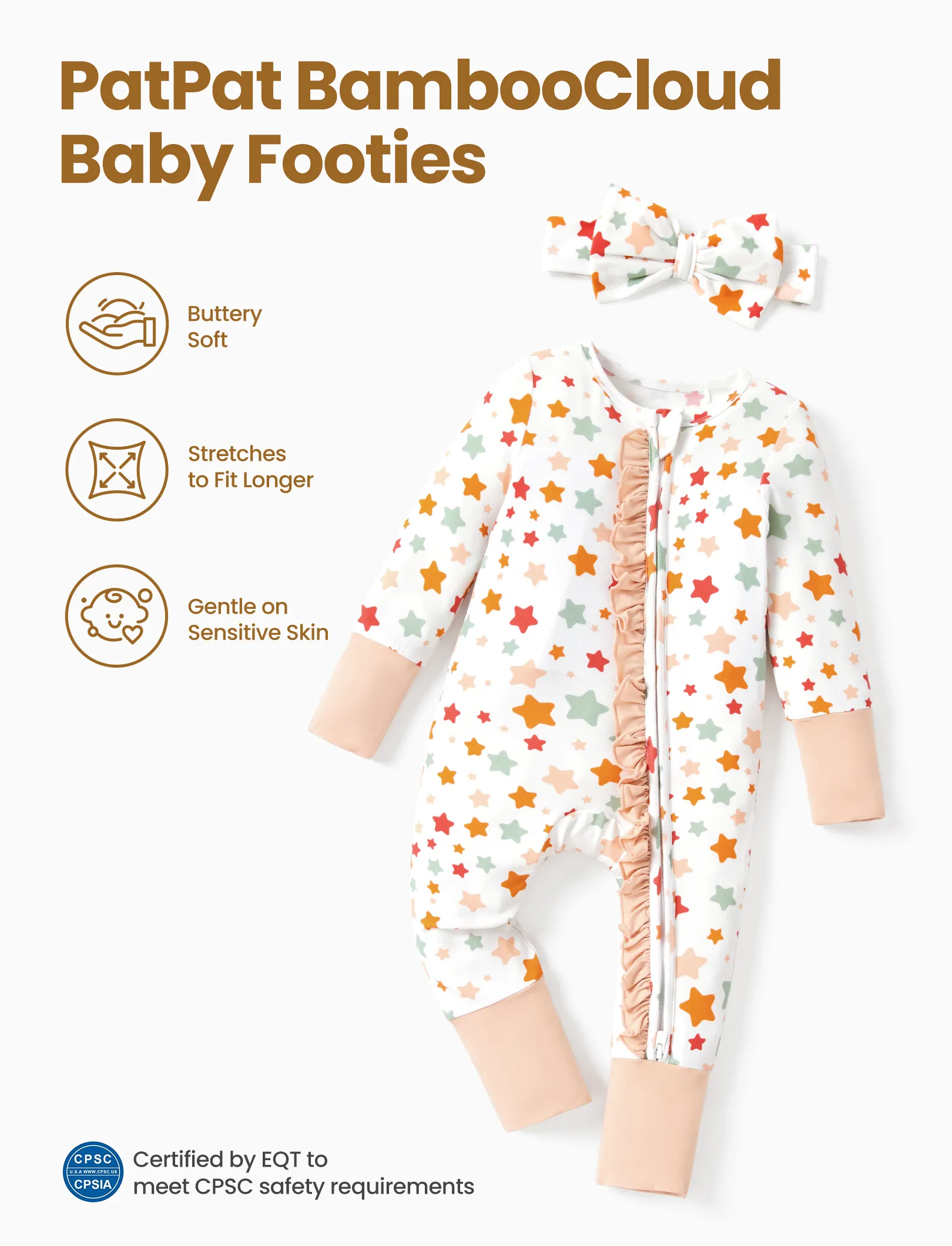 Bamboo Baby Boy/Girl Animal Printed 2-Way Zipper Anti Slip Long-sleeve Footie with/without Hairband Apricot - Image 3