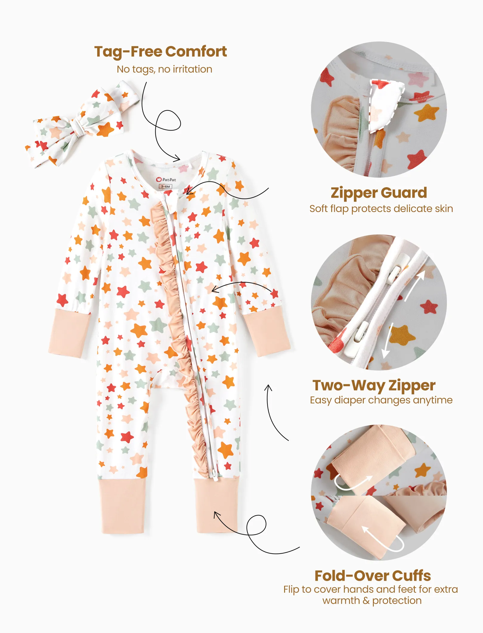 Bamboo Baby Boy/Girl Animal Printed 2-Way Zipper Anti Slip Long-sleeve Footie with/without Hairband Apricot - Image 7