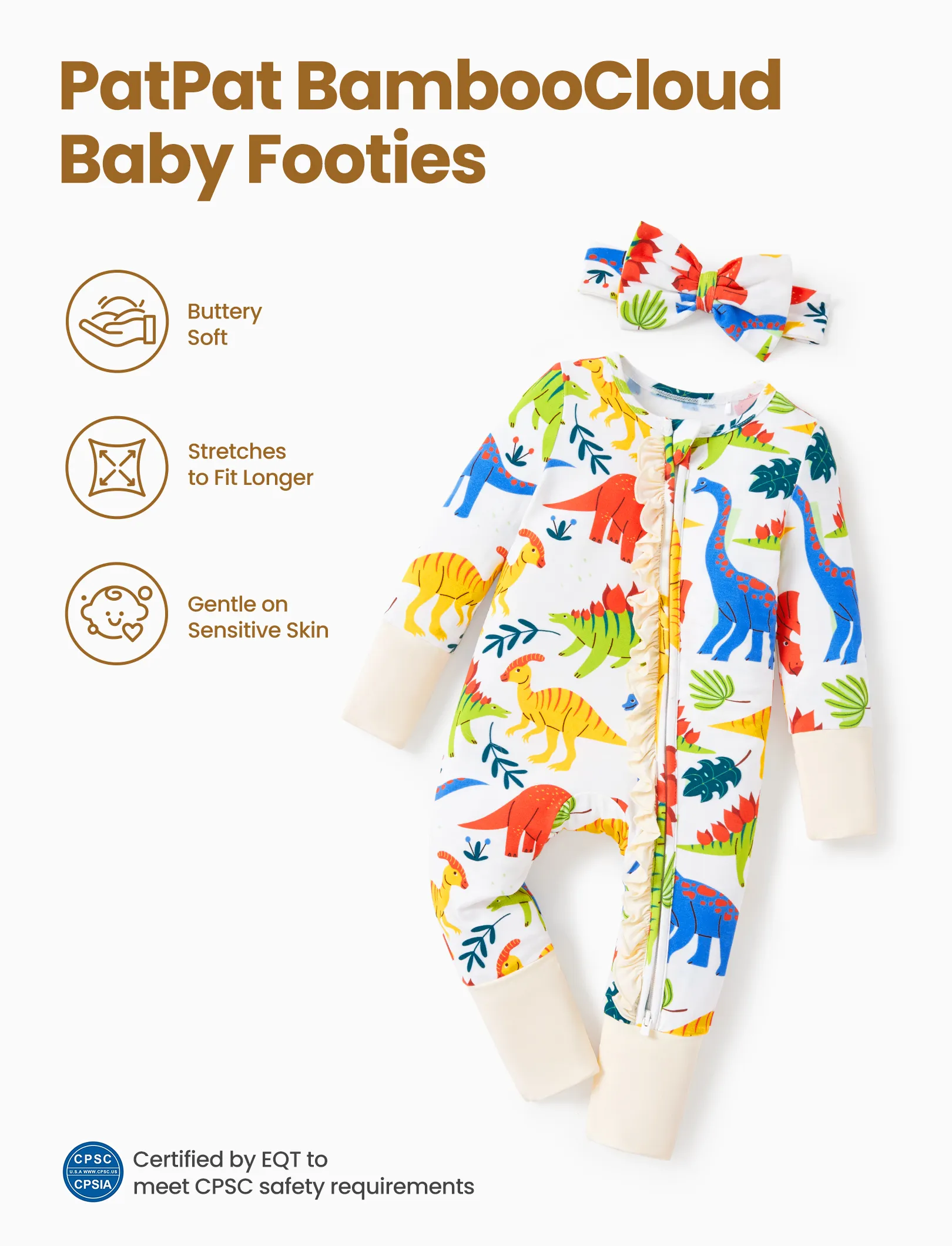 Bamboo Baby Boy/Girl Animal Printed 2-Way Zipper Anti Slip Long-sleeve Footie with Hairband Apricot Yellow - Image 3