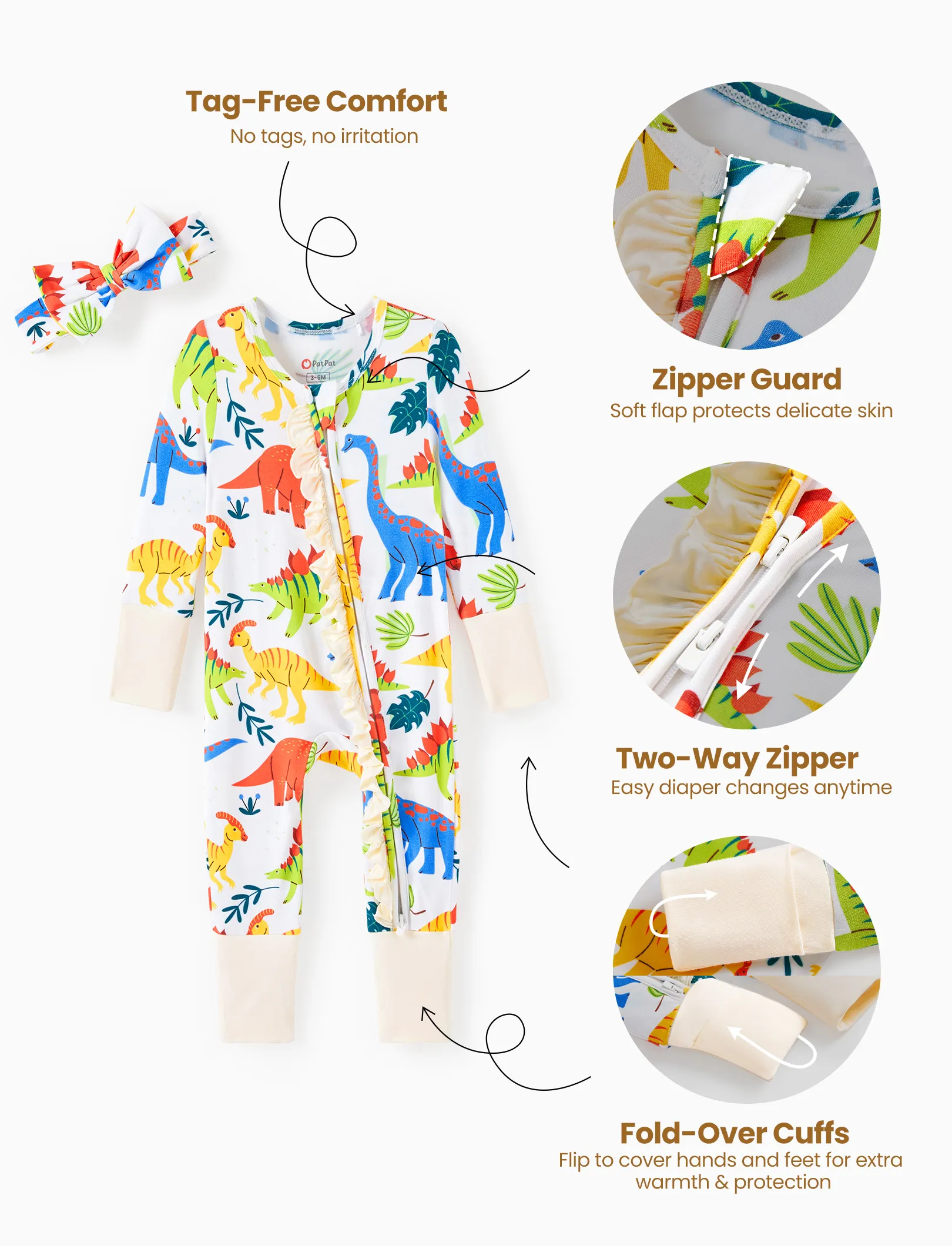 Bamboo Baby Boy/Girl Animal Printed 2-Way Zipper Anti Slip Long-sleeve Footie with Hairband Apricot Yellow - Image 7