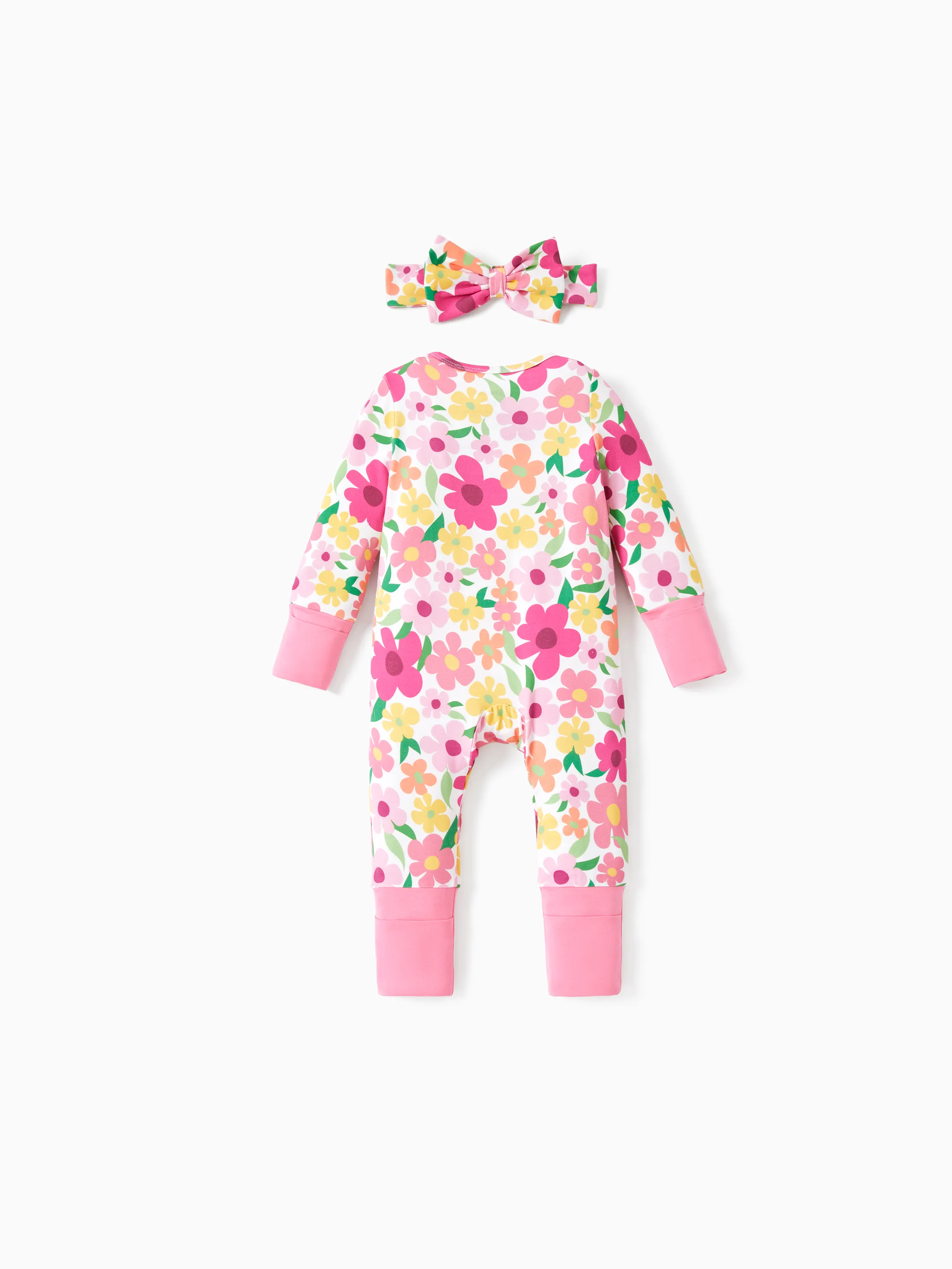 Bamboo Baby Boy/Girl Animal Printed 2-Way Zipper Anti Slip Long-sleeve Footie with/without Hairband Dark Pink - Image 9