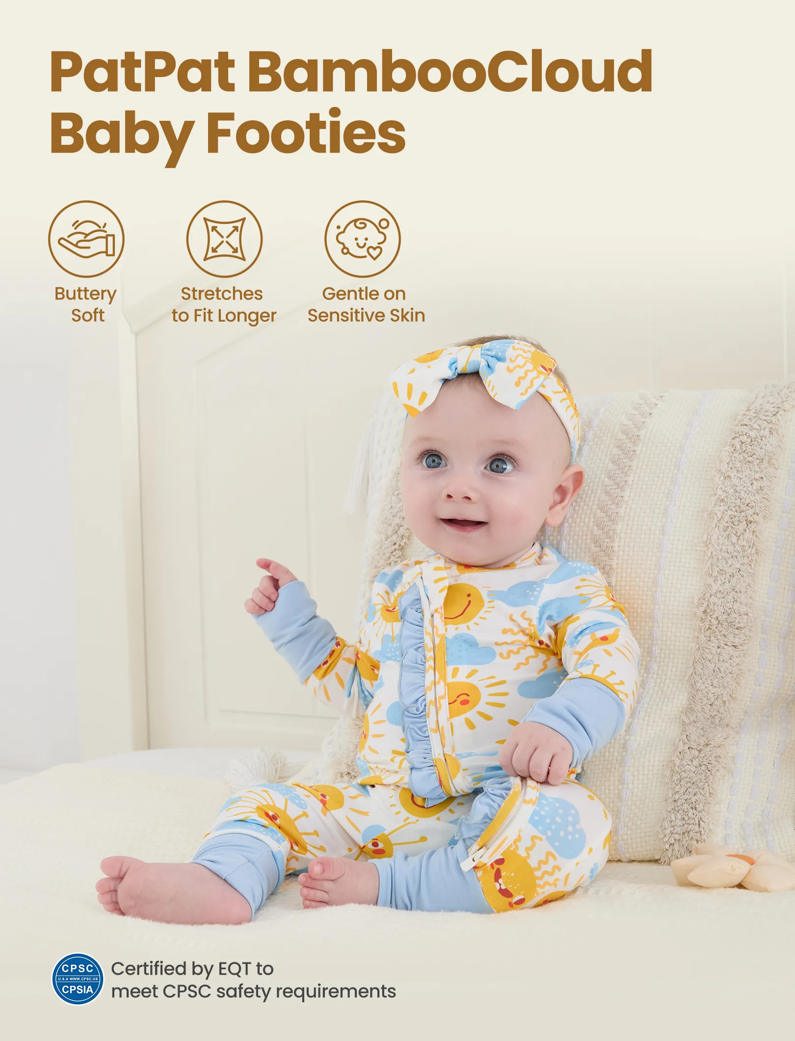 Bamboo Baby Boy/Girl Animal Printed 2-Way Zipper Anti Slip Long-sleeve Footie with/without Hairband Light Blue - Image 3