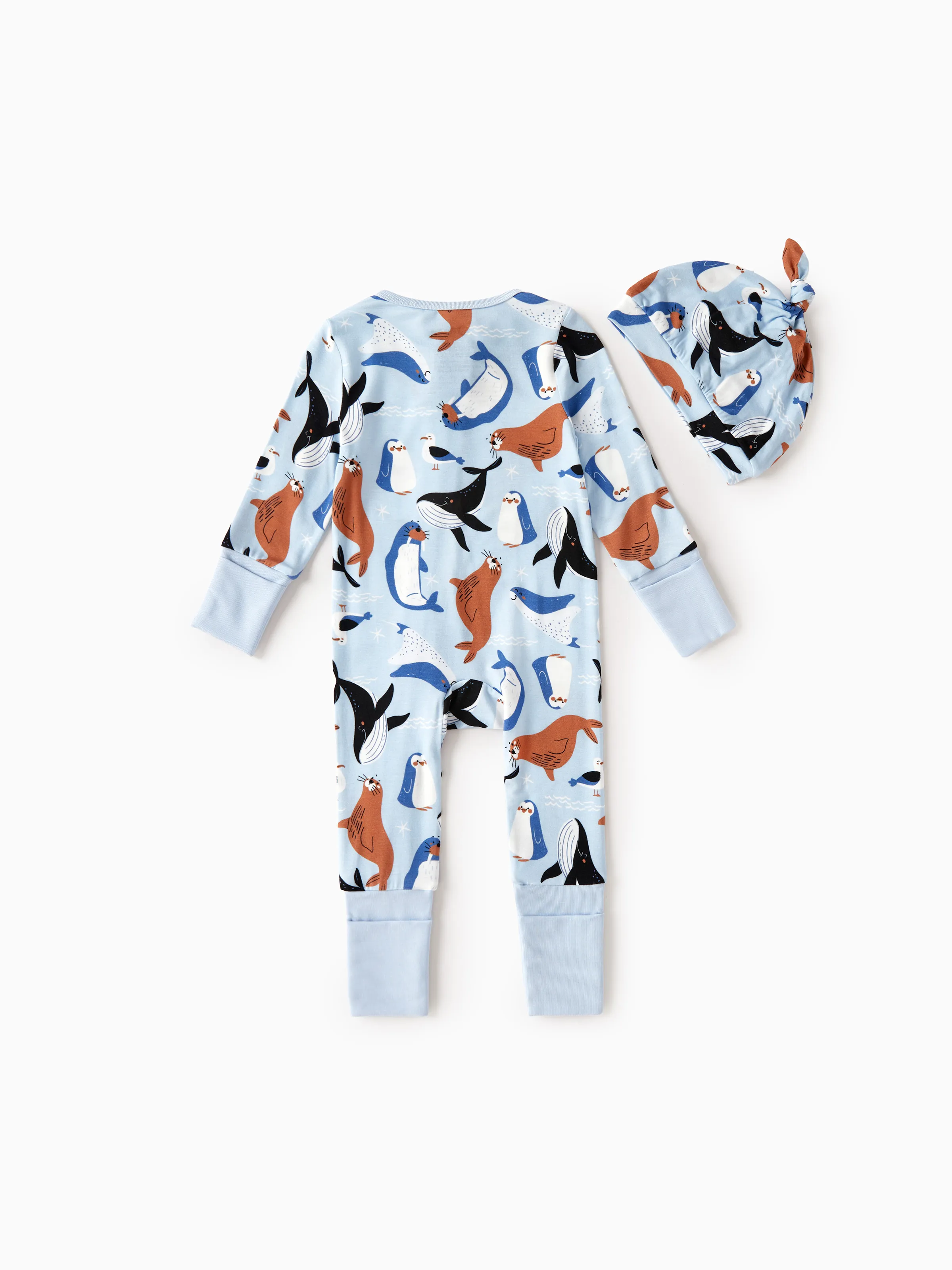 Bamboo Baby Boy/Girl Animal Printed 2-Way Zip Onesies Anti Slip Long-sleeve Footie with Hairband Royal Blue - Image 10