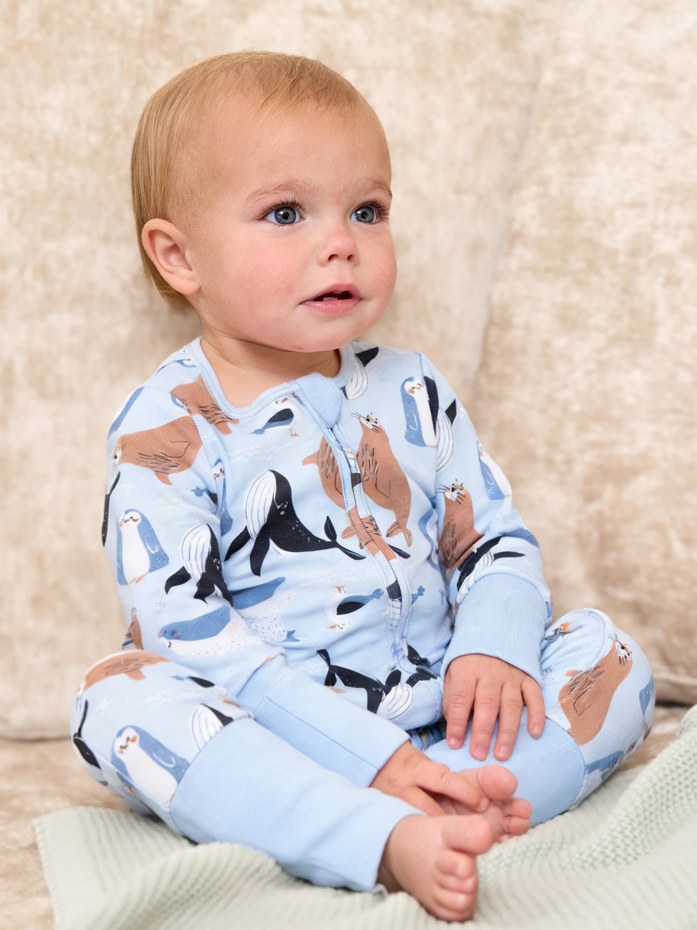 Bamboo Baby Boy/Girl Animal Printed 2-Way Zip Onesies Anti Slip Long-sleeve Footie with Hairband Royal Blue - Image 3
