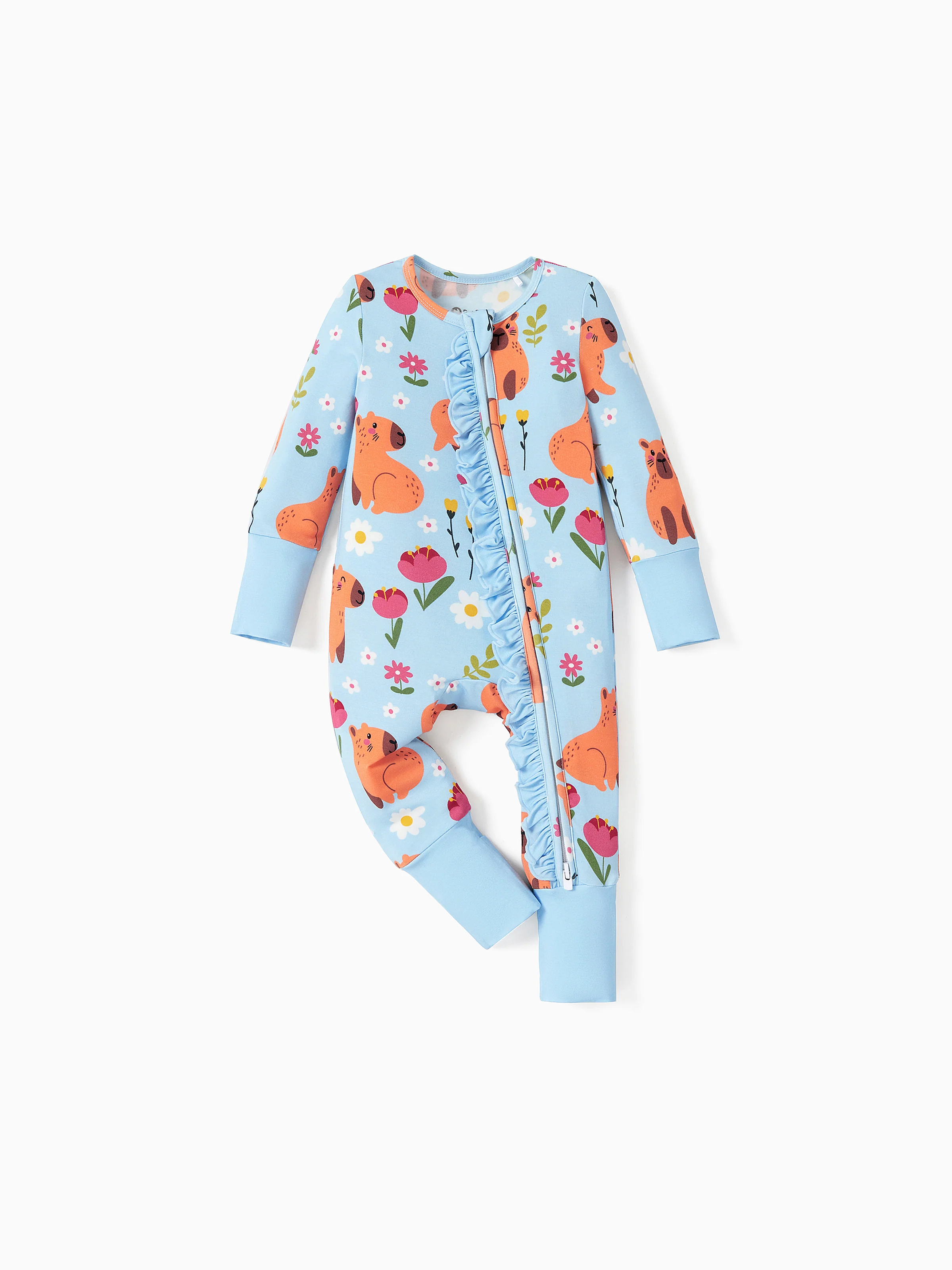 Bamboo Baby Boy/Girl Animal Printed 2-Way Zipper Anti Slip Long-sleeve Footie with/without Hairband Turquoise - Image 13