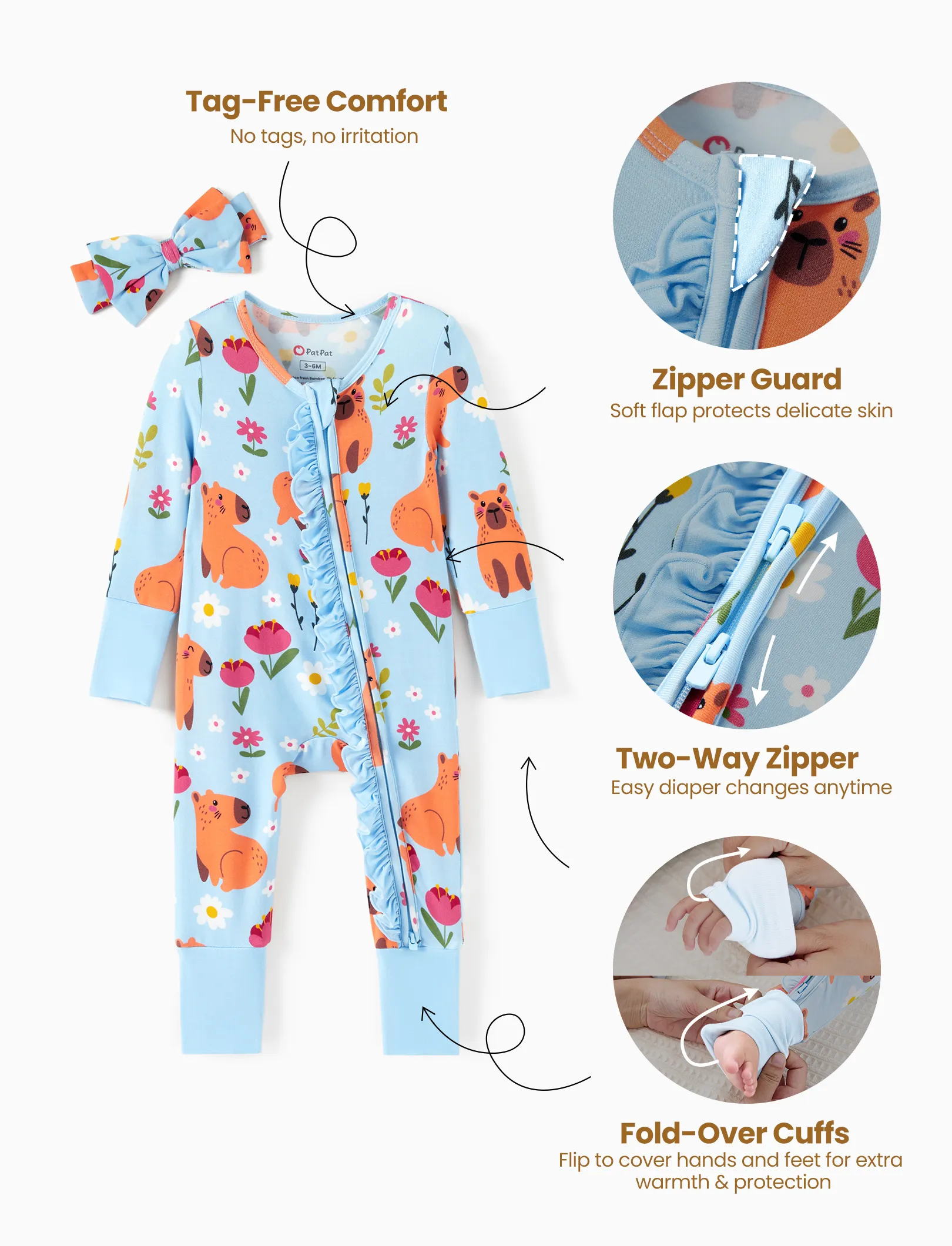 Bamboo Baby Boy/Girl Animal Printed 2-Way Zipper Anti Slip Long-sleeve Footie with/without Hairband Turquoise - Image 5
