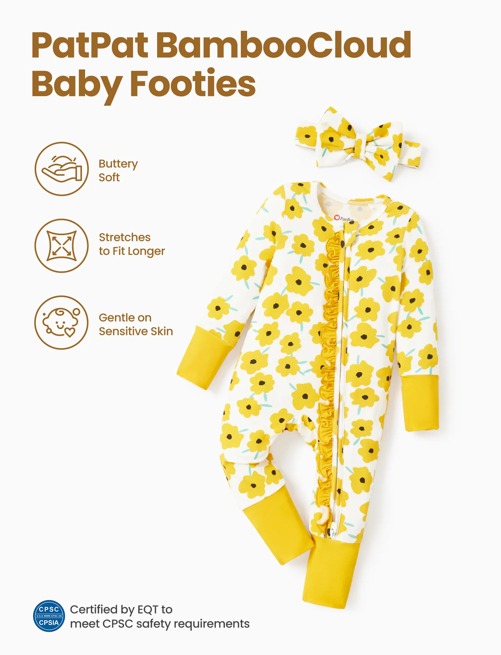 Bamboo Baby Boy/Girl Animal Printed 2-Way Zipper Anti Slip Long-sleeve Footie with/without Hairband Yellow - Image 3