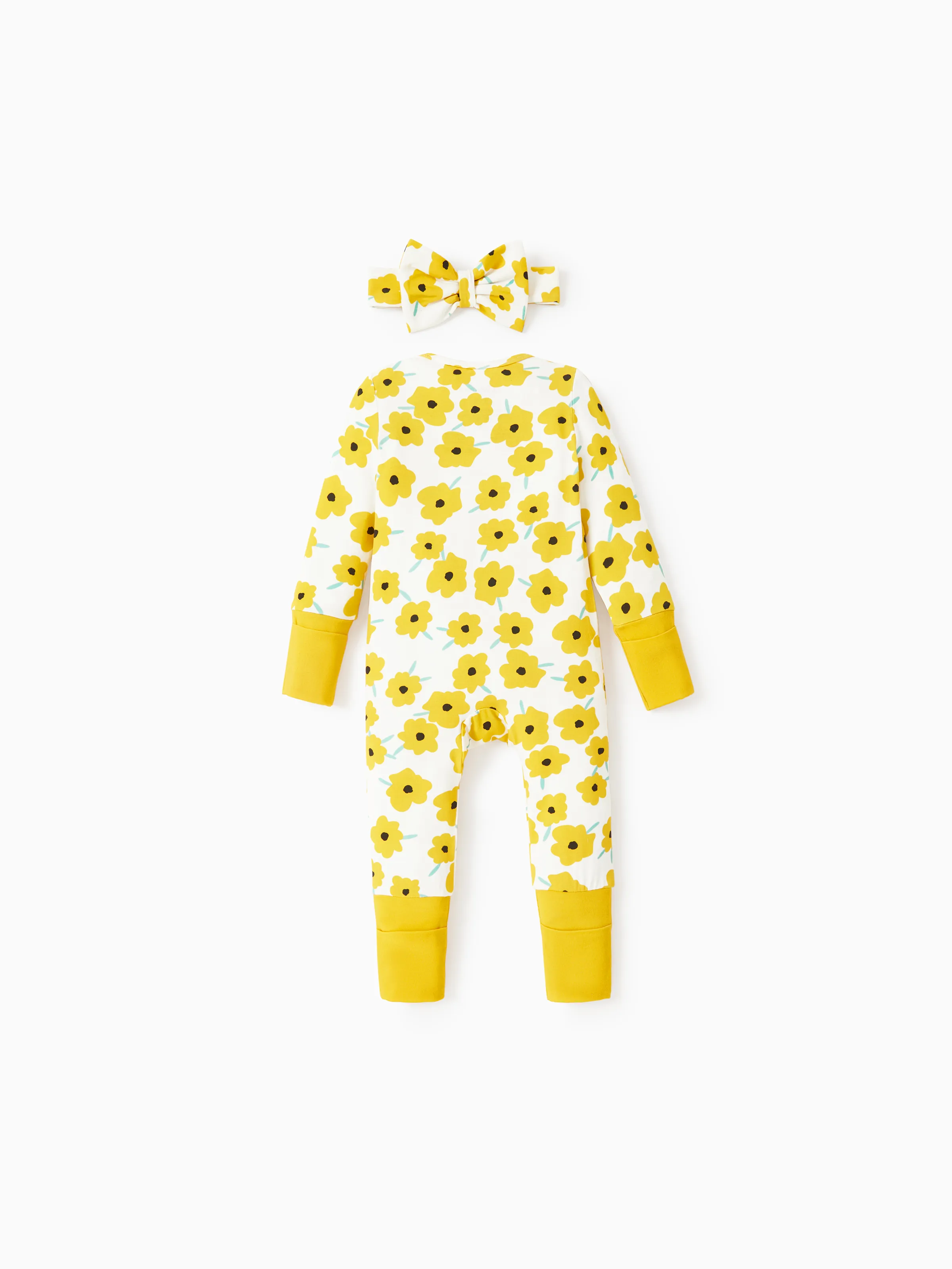 Bamboo Baby Boy/Girl Animal Printed 2-Way Zipper Anti Slip Long-sleeve Footie with/without Hairband Yellow - Image 8