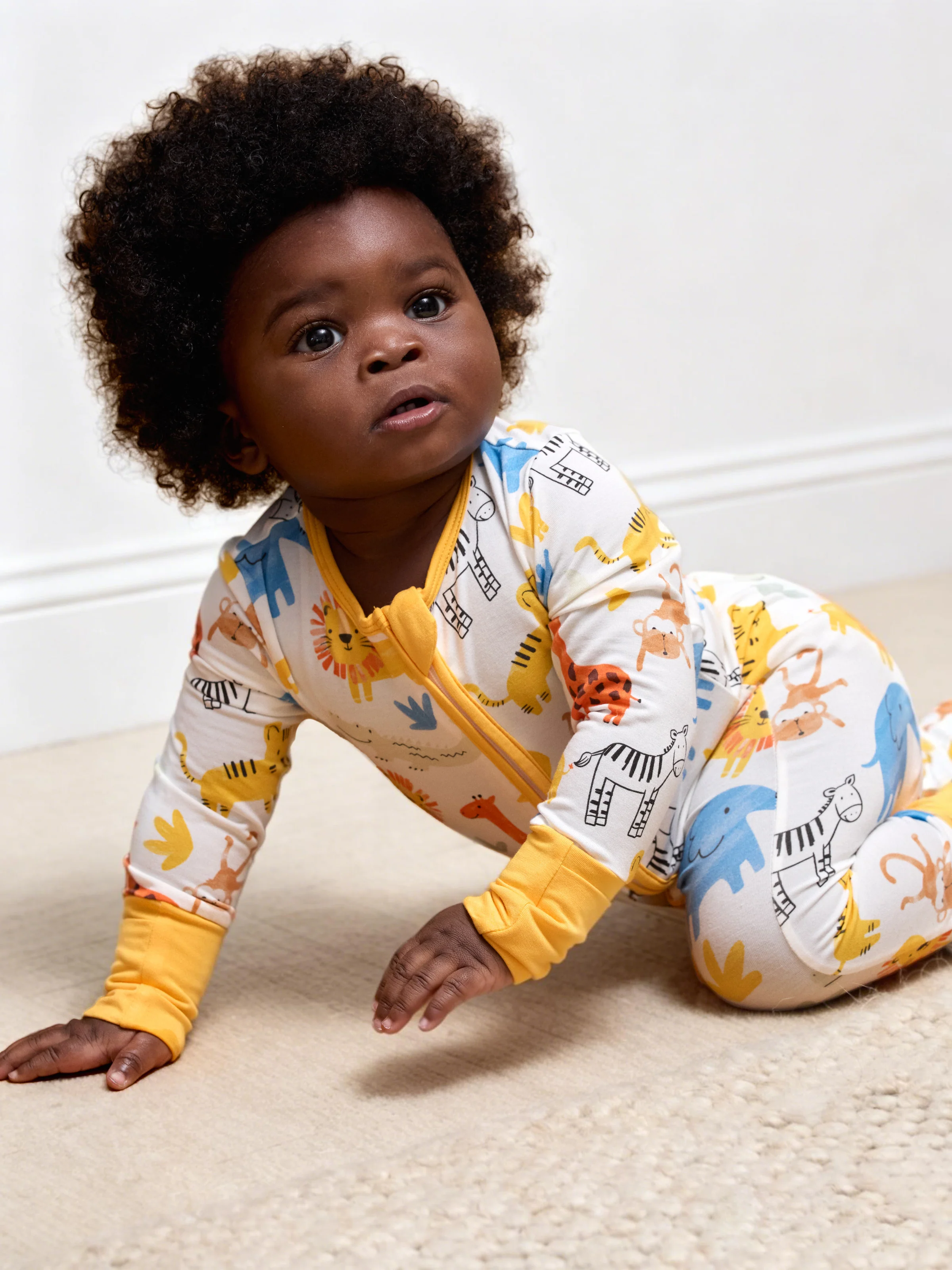 Bamboo Baby Boy/Girl Cartoon Printed 2-Way Zip Onesies Anti Slip Long-sleeve Footie Yellow - Image 3
