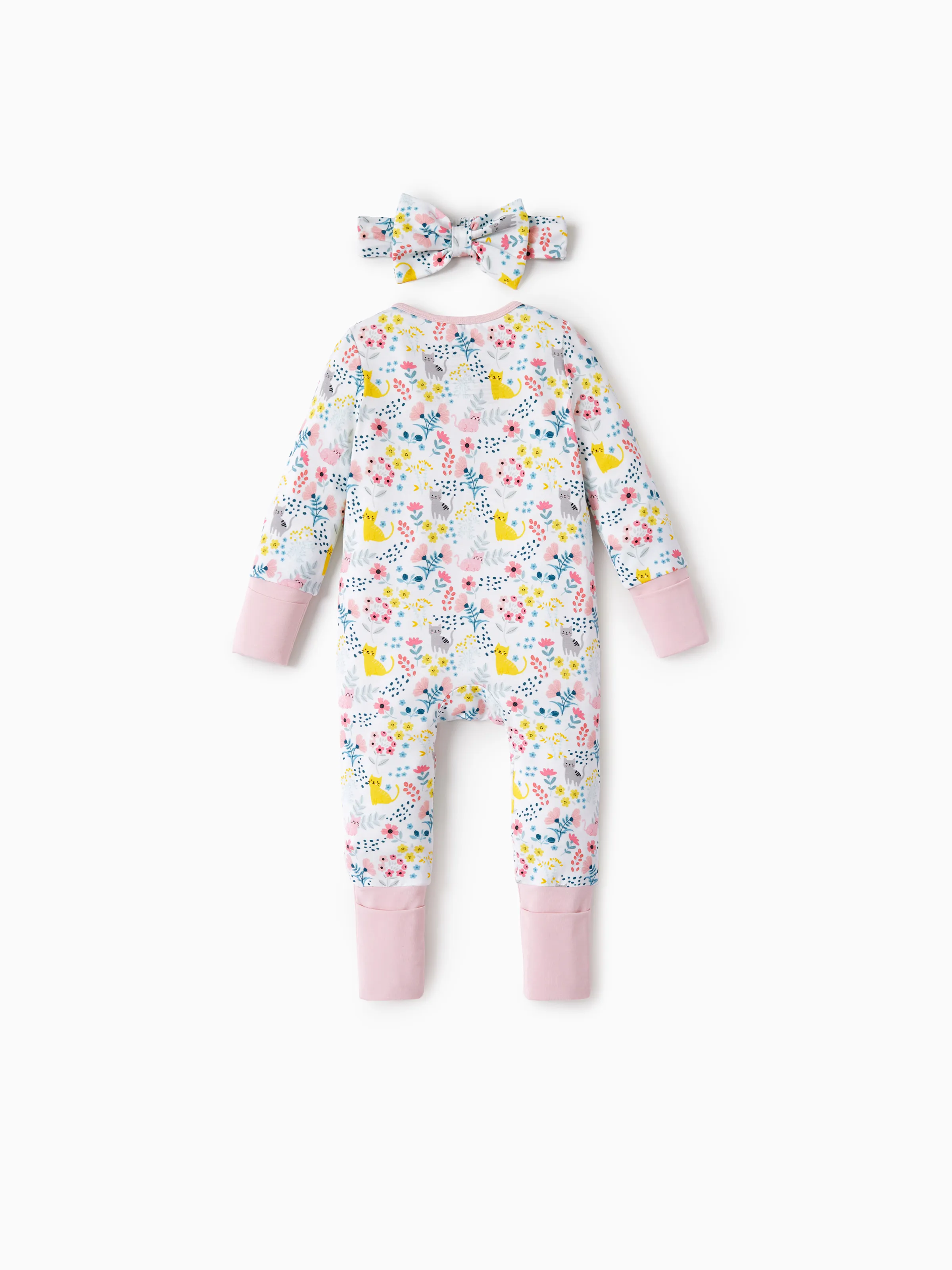 Bamboo Baby Girl Elegant Printed 2-Way Zip Onesies Anti Slip Long-sleeve Footie with Hairband Light Pink - Image 3