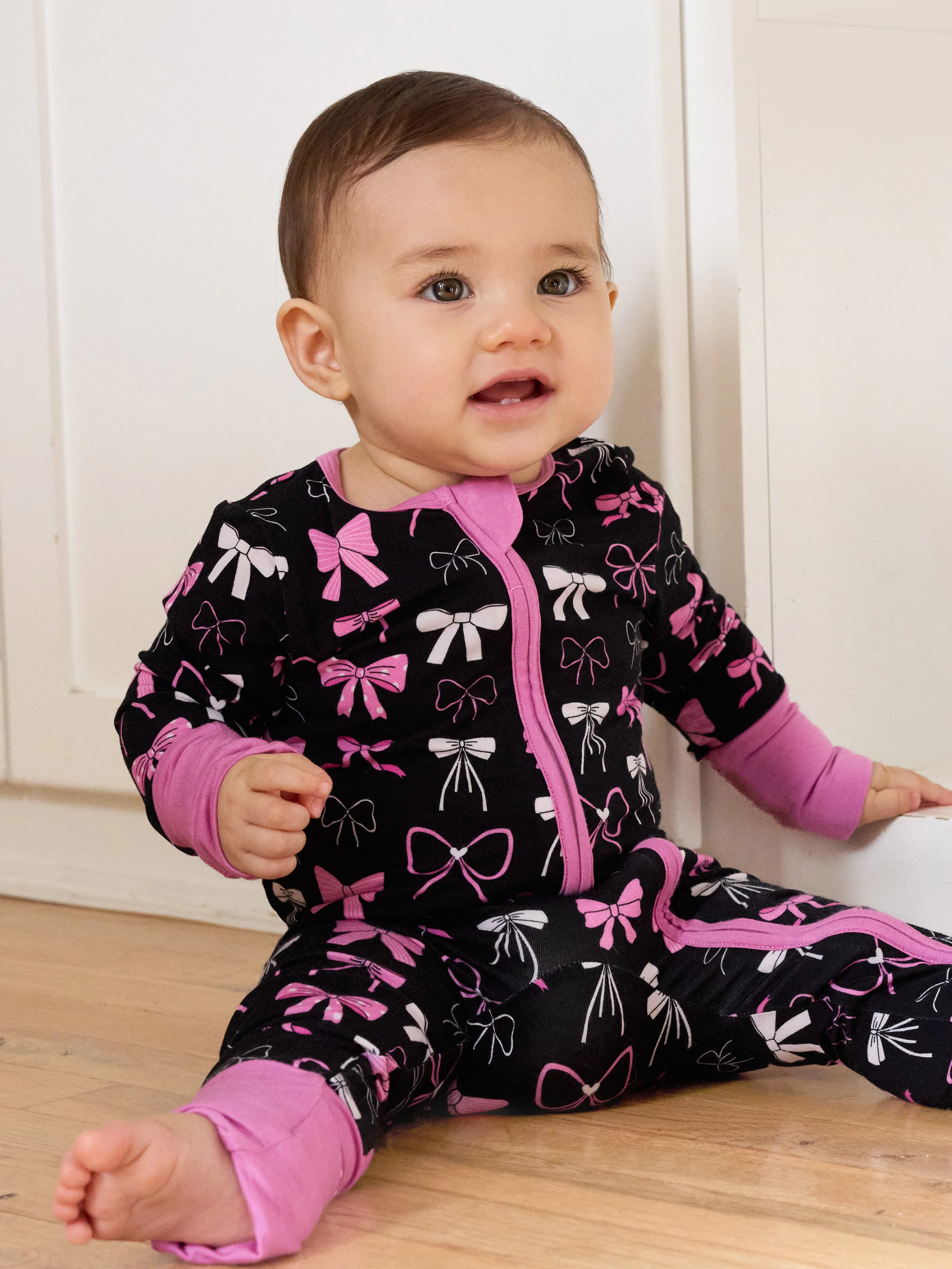 Bamboo Baby Girl Elegant Printed 2-Way Zip Onesies Anti Slip Long-sleeve Footie with Hairband Pink purple - Image 3
