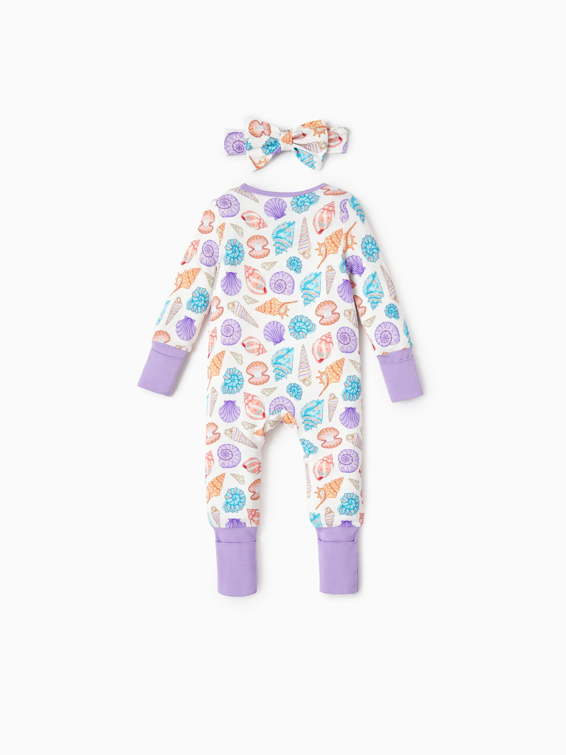 Bamboo Baby Girl Elegant Printed 2-Way Zip Onesies Anti Slip Long-sleeve Footie with Hairband Purple - Image 3