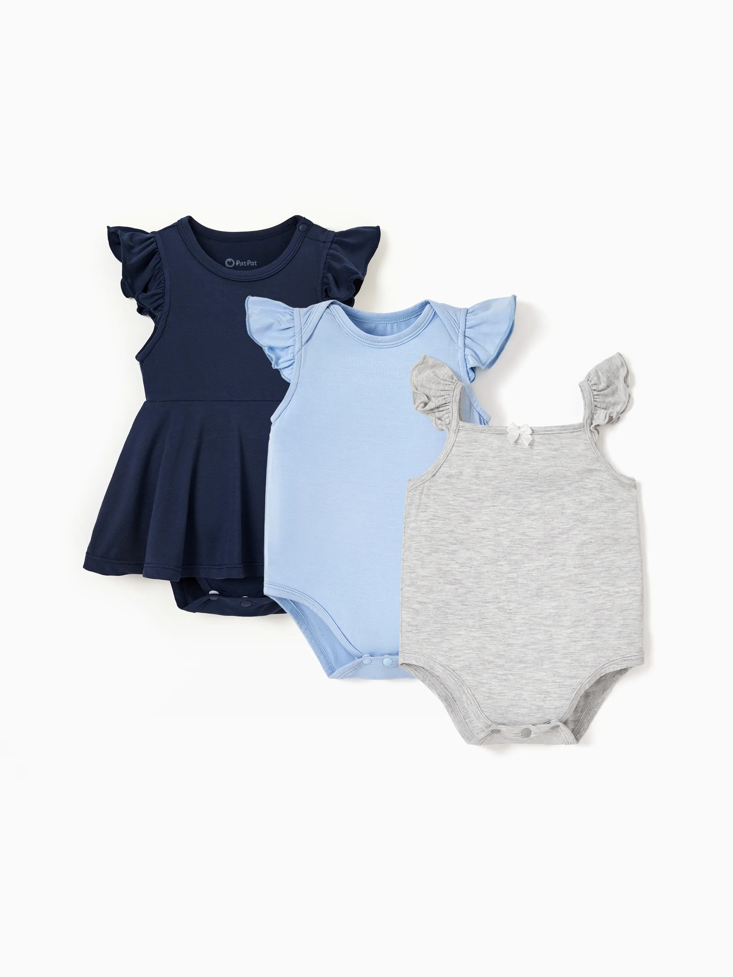 Bamboo Baby Girl Solid Color 3-Piece Rompers Set Blue - Image 3