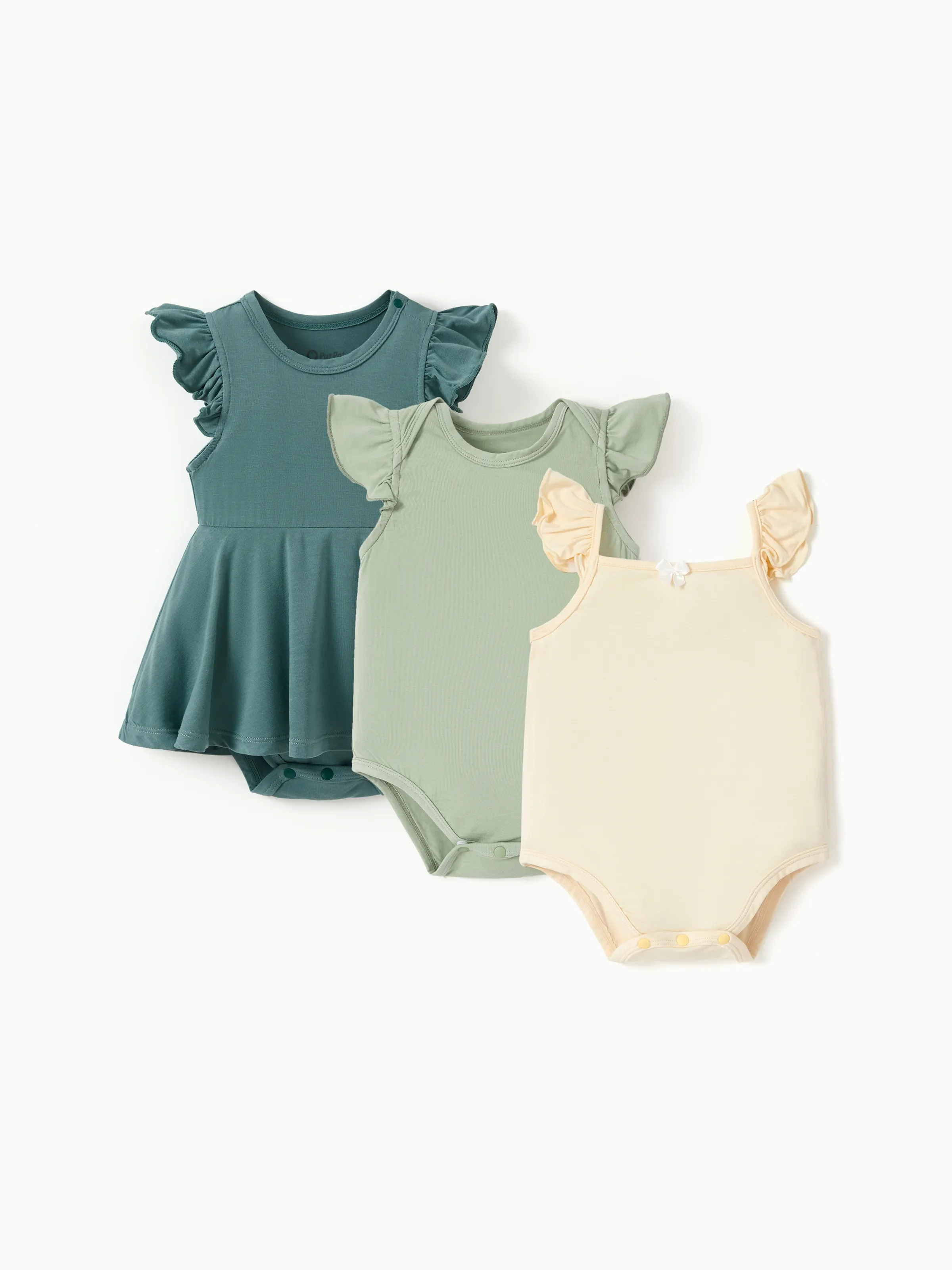 Bamboo Baby Girl Solid Color 3-Piece Rompers Set Green - Image 3