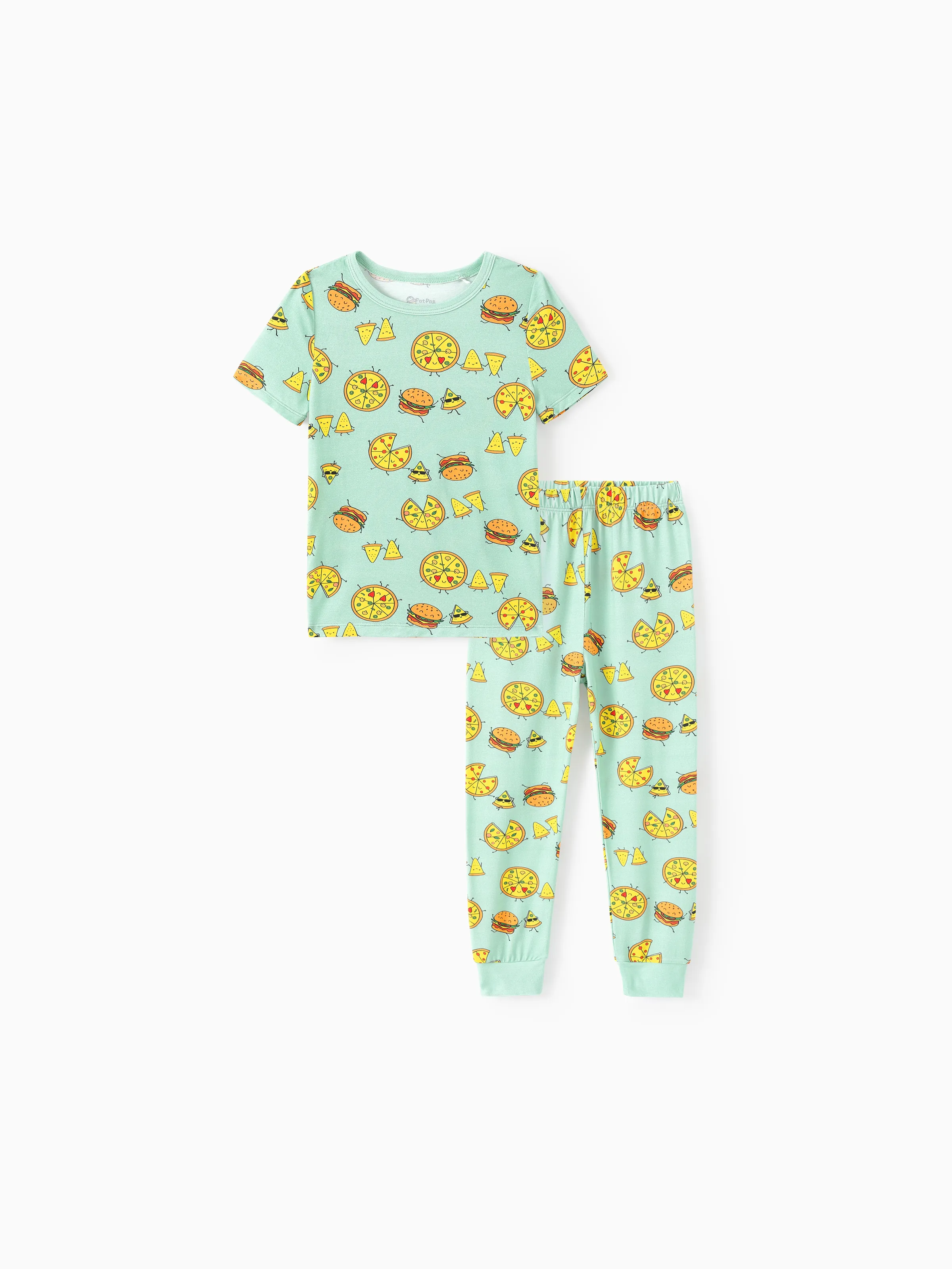 Bamboo Family Mint Green PJs Cute Cartoon Food Theme Print Short Sleeve & Long Pants Sleepwear Matching Pajama set (Snug-Fitting for Children) Light Blue - Image 12