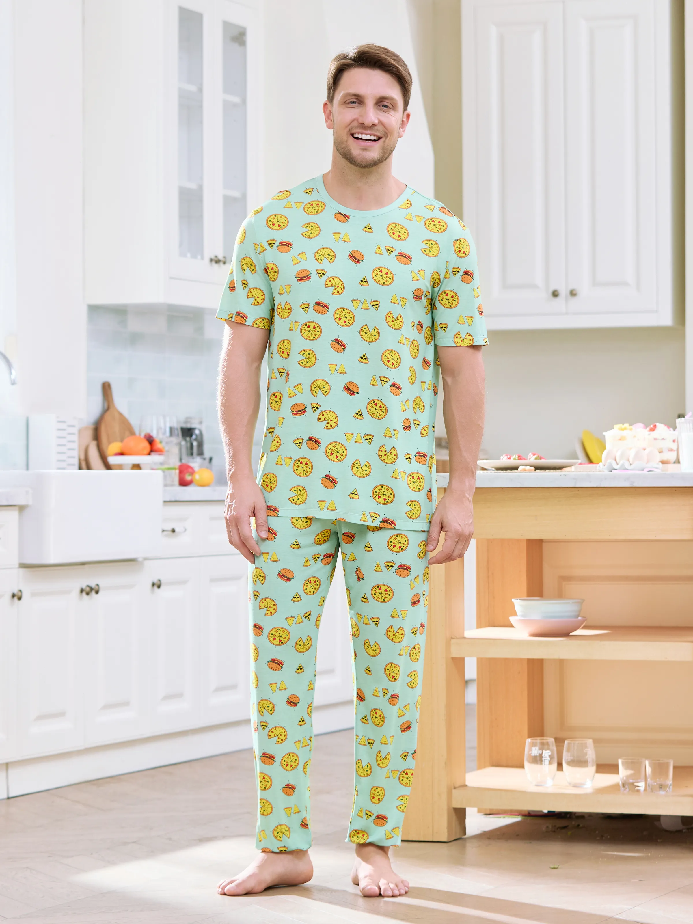 Bamboo Family Mint Green PJs Cute Cartoon Food Theme Print Short Sleeve & Long Pants Sleepwear Matching Pajama set (Snug-Fitting for Children) Light Blue - Image 18