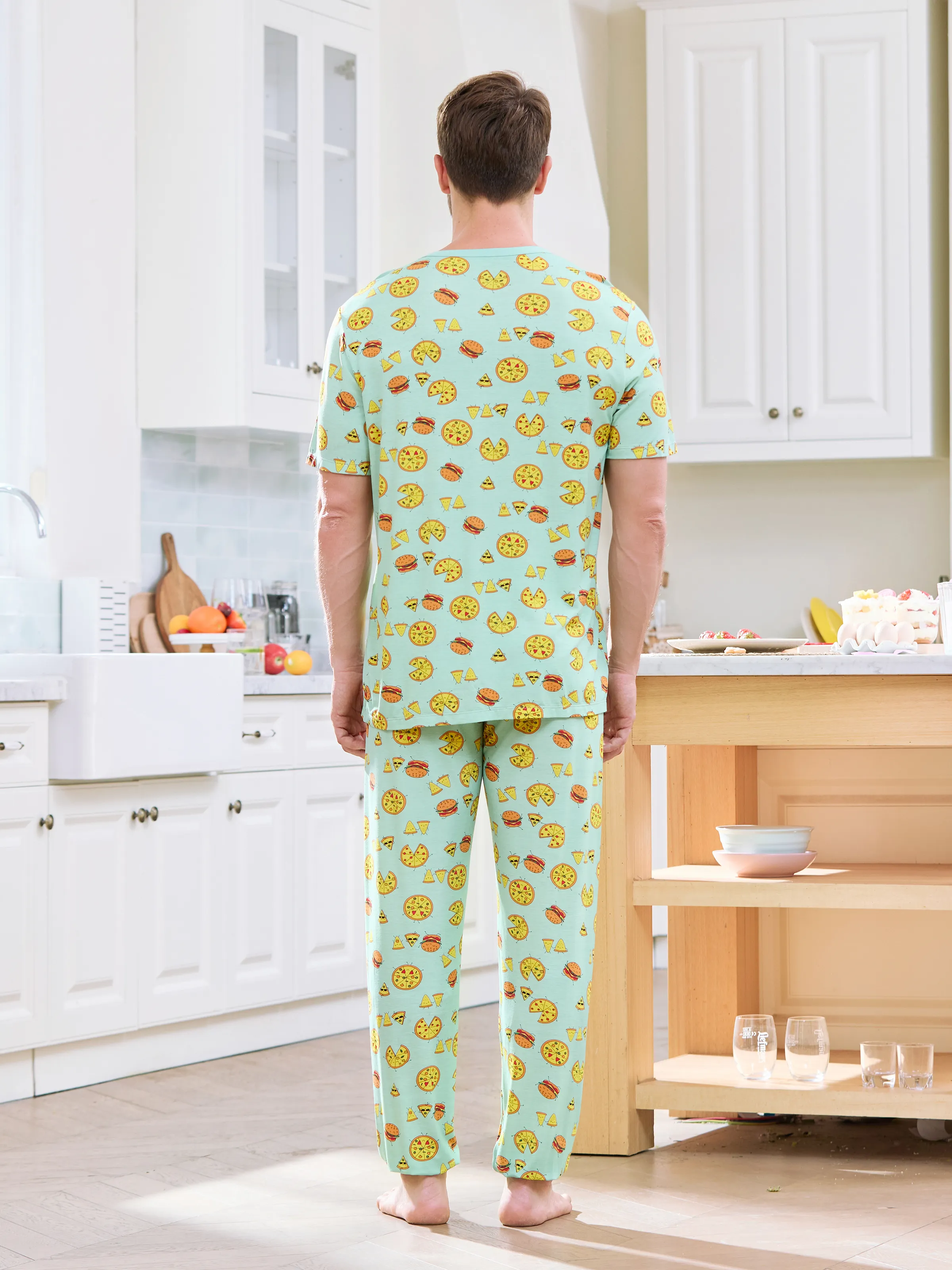 Bamboo Family Mint Green PJs Cute Cartoon Food Theme Print Short Sleeve & Long Pants Sleepwear Matching Pajama set (Snug-Fitting for Children) Light Blue - Image 19