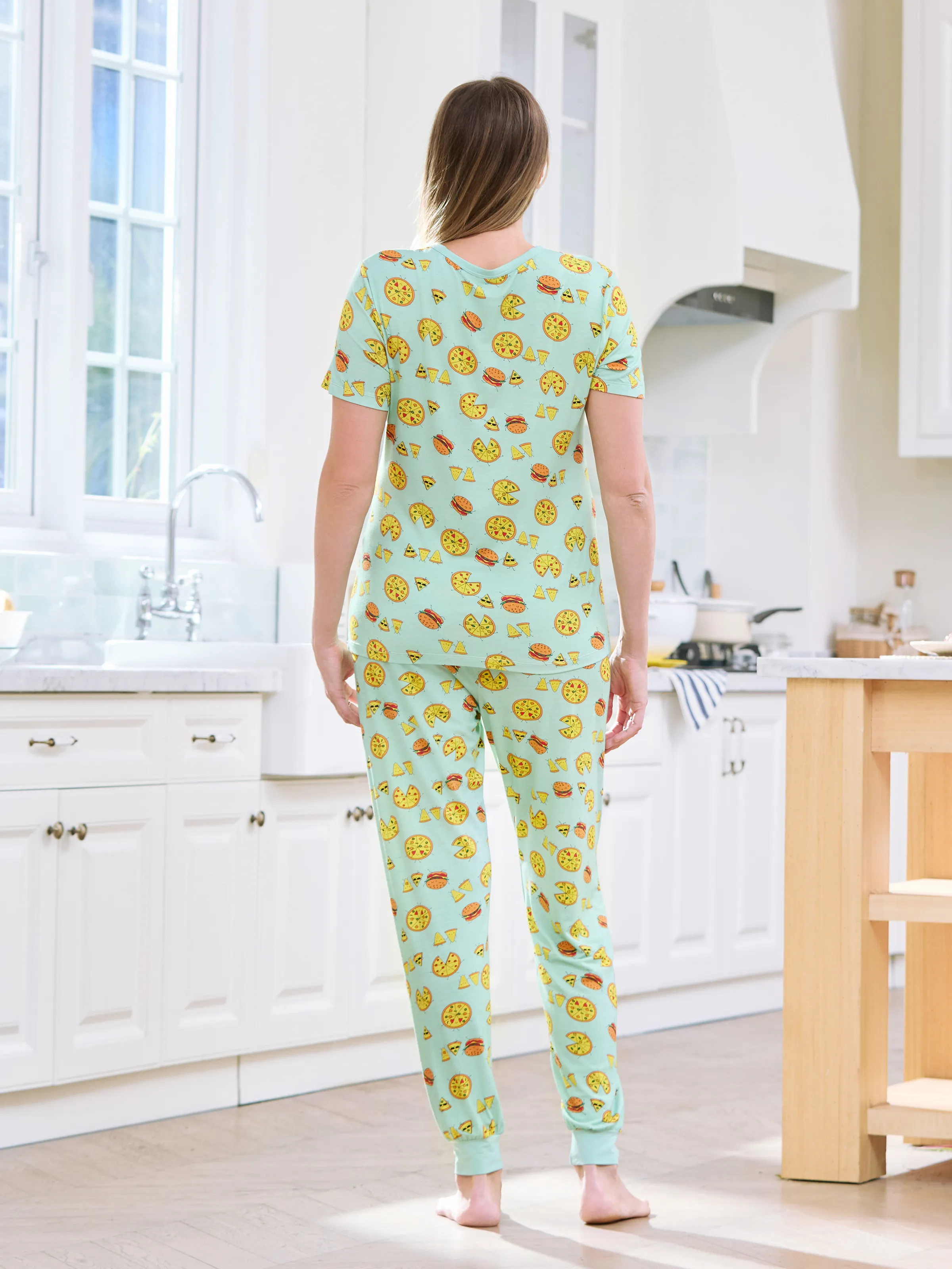 Bamboo Family Mint Green PJs Cute Cartoon Food Theme Print Short Sleeve & Long Pants Sleepwear Matching Pajama set (Snug-Fitting for Children) Light Blue - Image 4