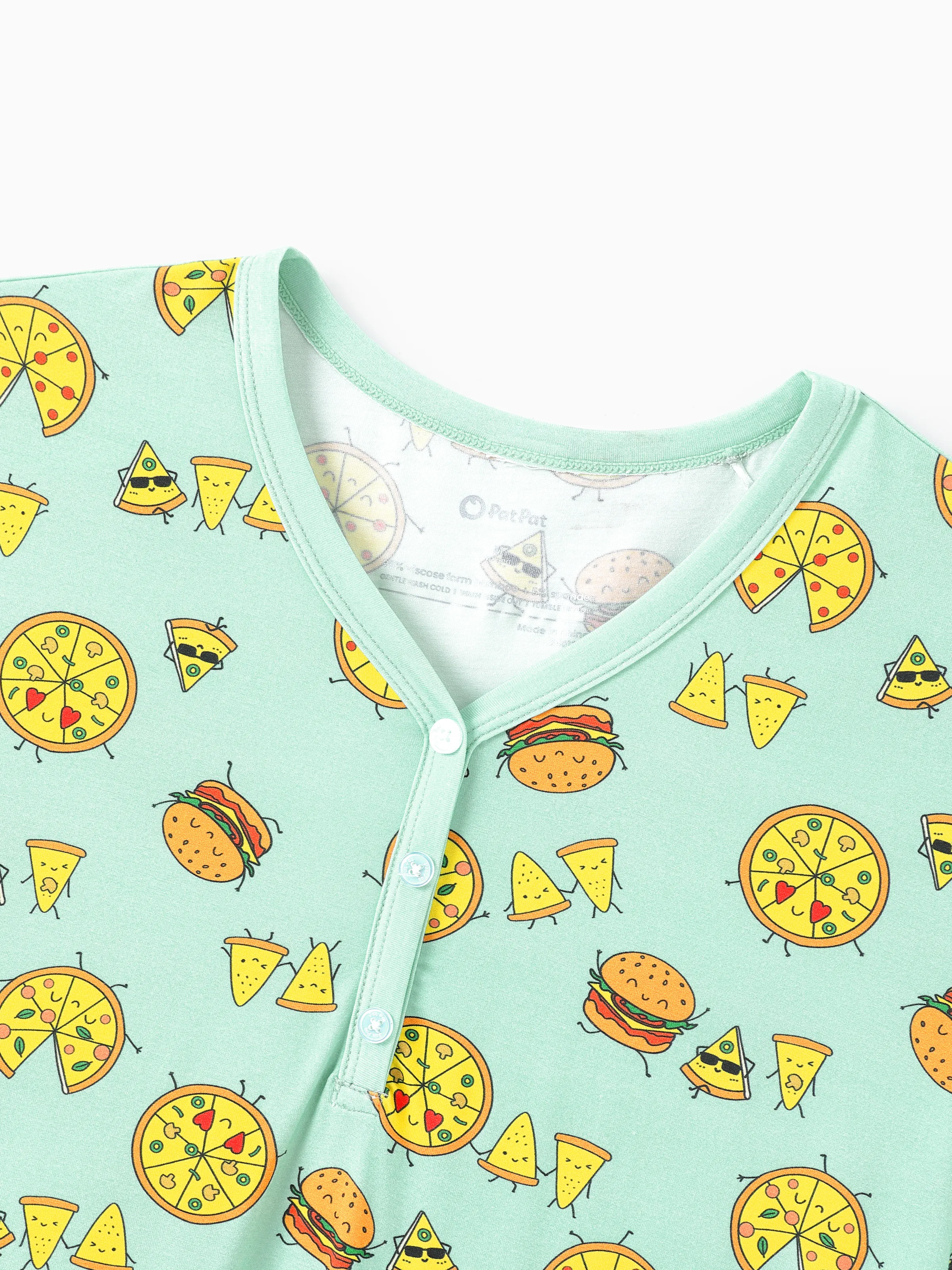 Bamboo Family Mint Green PJs Cute Cartoon Food Theme Print Short Sleeve & Long Pants Sleepwear Matching Pajama set (Snug-Fitting for Children) Light Blue - Image 8