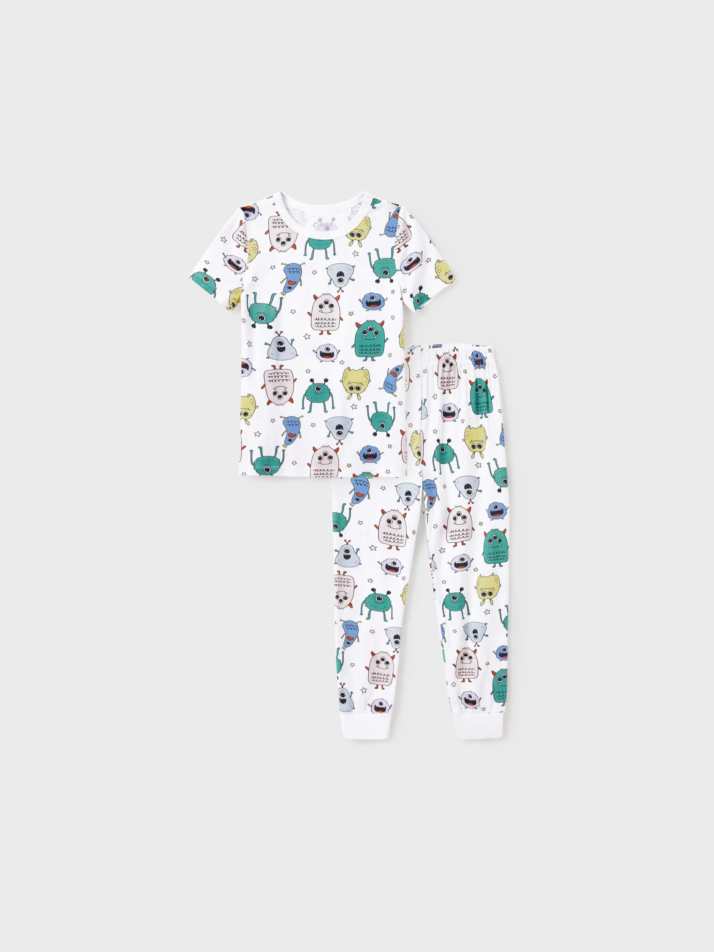 Bamboo Family Pajamas Cute Little Monster Print Short-sleeve Matching Pajama Set ( Snug-Fitting for Children ) White - Image 7