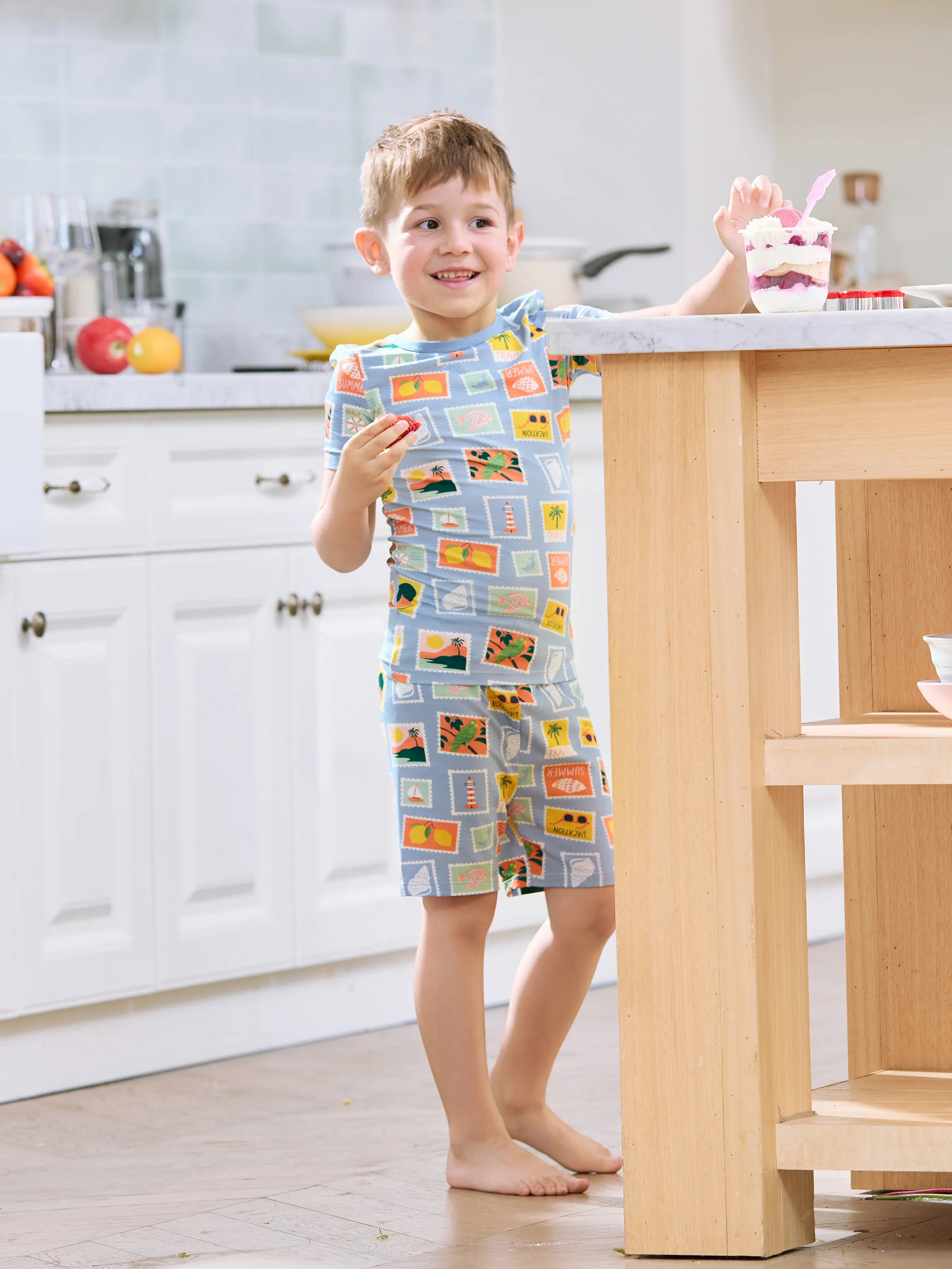 Bamboo Family Pajamas Vacation Theme Print Short-sleeve Matching Pajama set (Snug-Fitting for Children) Color block - Image 10