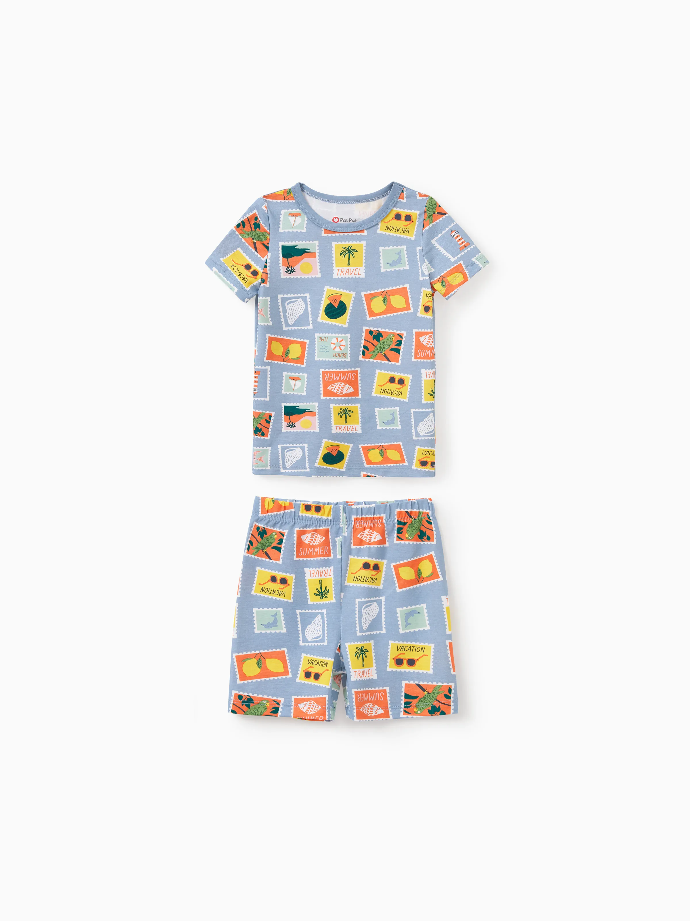 Bamboo Family Pajamas Vacation Theme Print Short-sleeve Matching Pajama set (Snug-Fitting for Children) Color block - Image 12