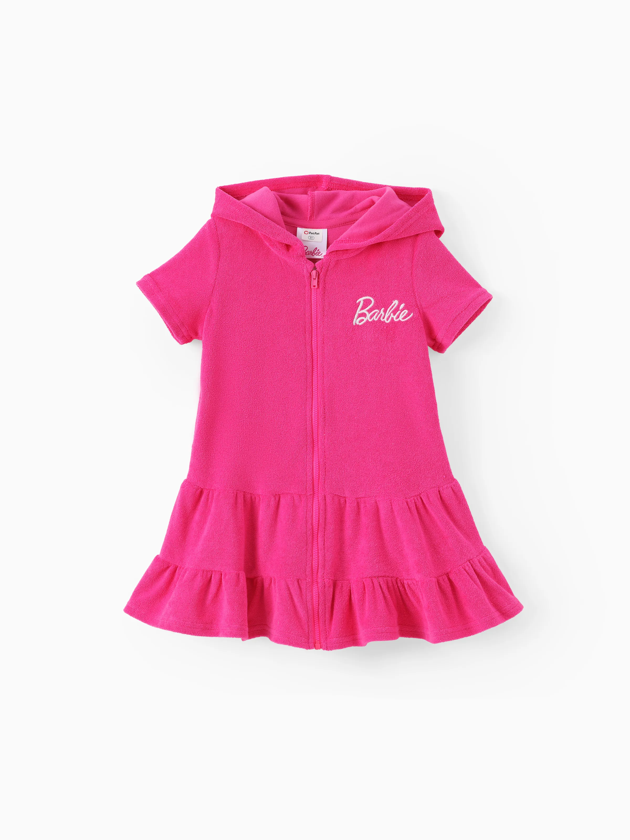 Barbie Toddler/Kid Girl 1pc Cotton Logo Embroidered Hooded Zipper Ruffle-hem Swim Cover-up Hot Pink - Image 3