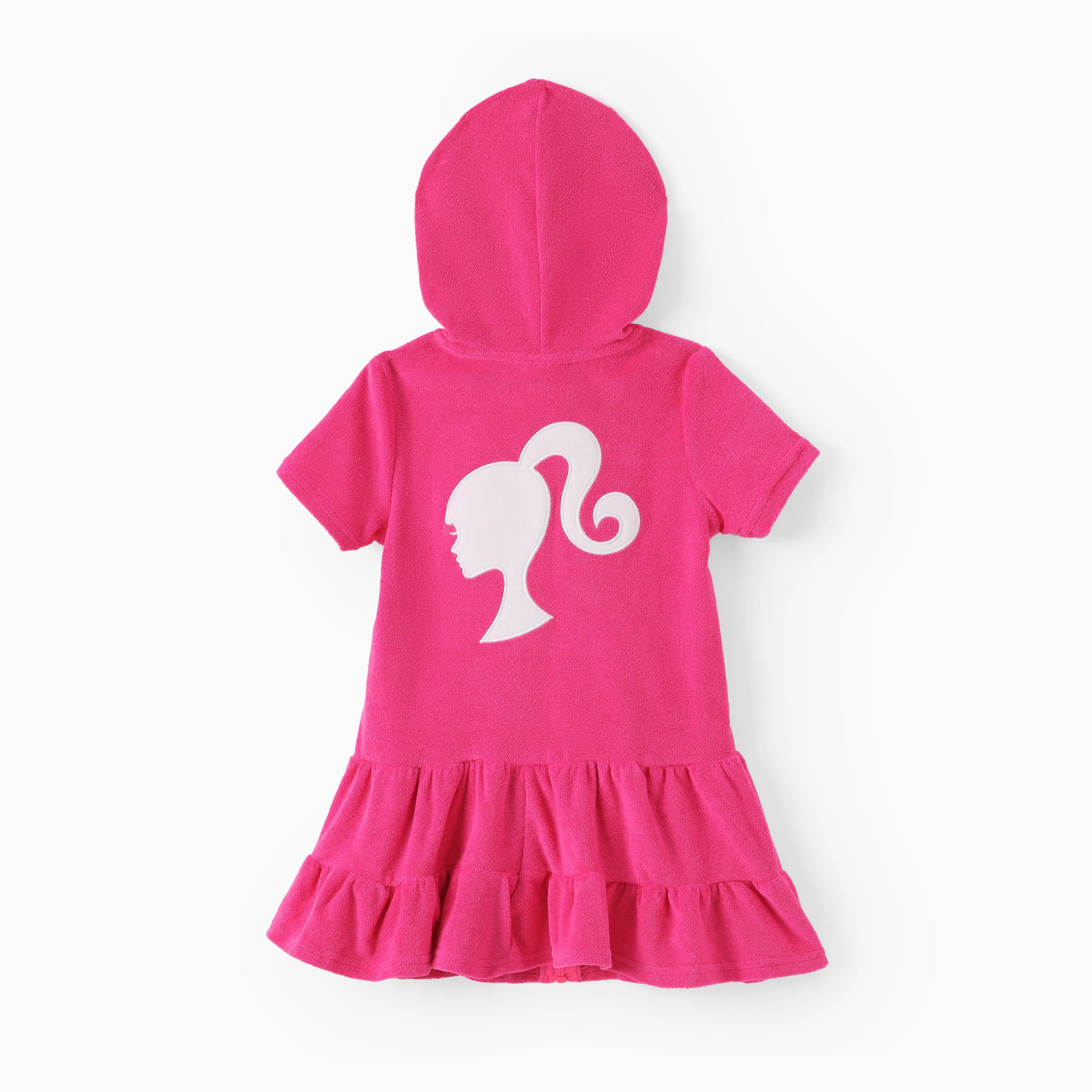 Barbie Toddler/Kid Girl 1pc Cotton Logo Embroidered Hooded Zipper Ruffle-hem Swim Cover-up Hot Pink - Image 7