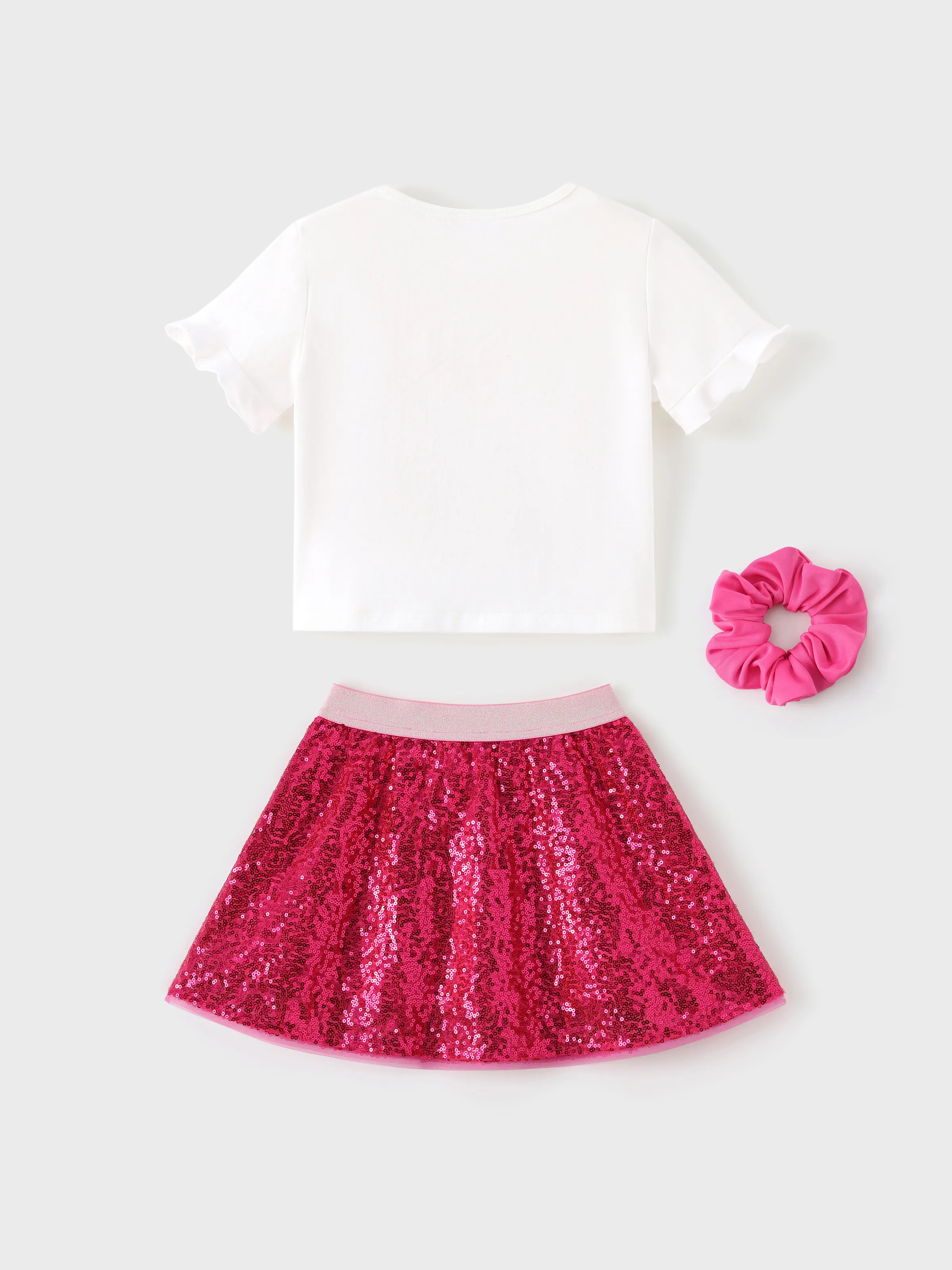 Barbie Toddler/Kid Girl 3pcs Cotton Top and Sequin embroidery Skirt with Headband Set Hot Pink - Image 4