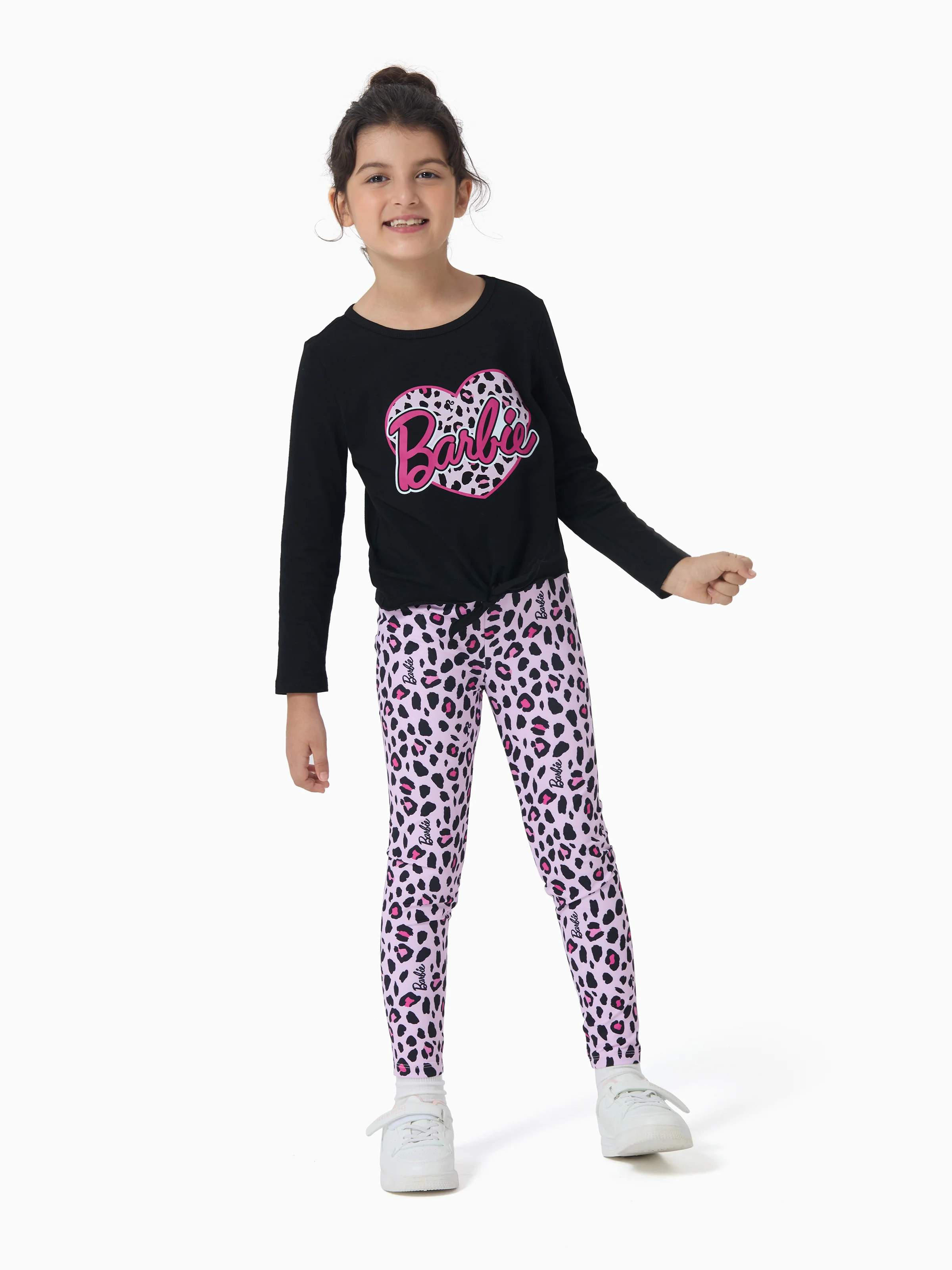 Barbie Toddler/Kids Girl 2pcs Chic Hem Cotton Long-sleeve Top and Leopard Pants Set Black - Image 3