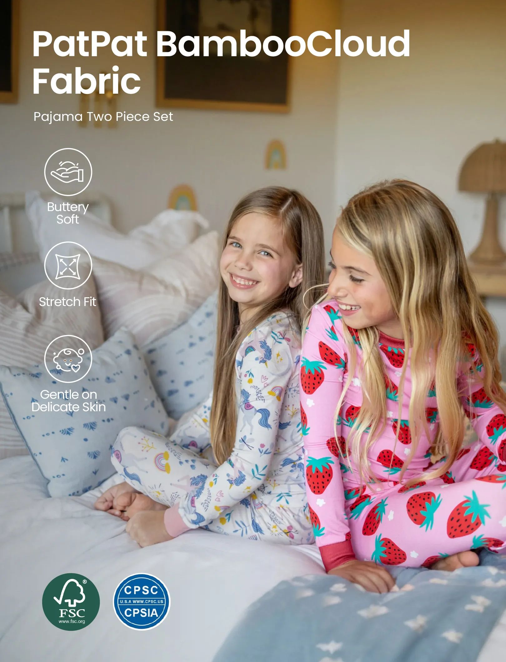 Christmas / Halloween Pajama 2-Piece Upgraded Thick Bamboo Pajama Set With Childlike Print for Toddler / Kids Girl (Snug-Fitting) Pink - Image 3