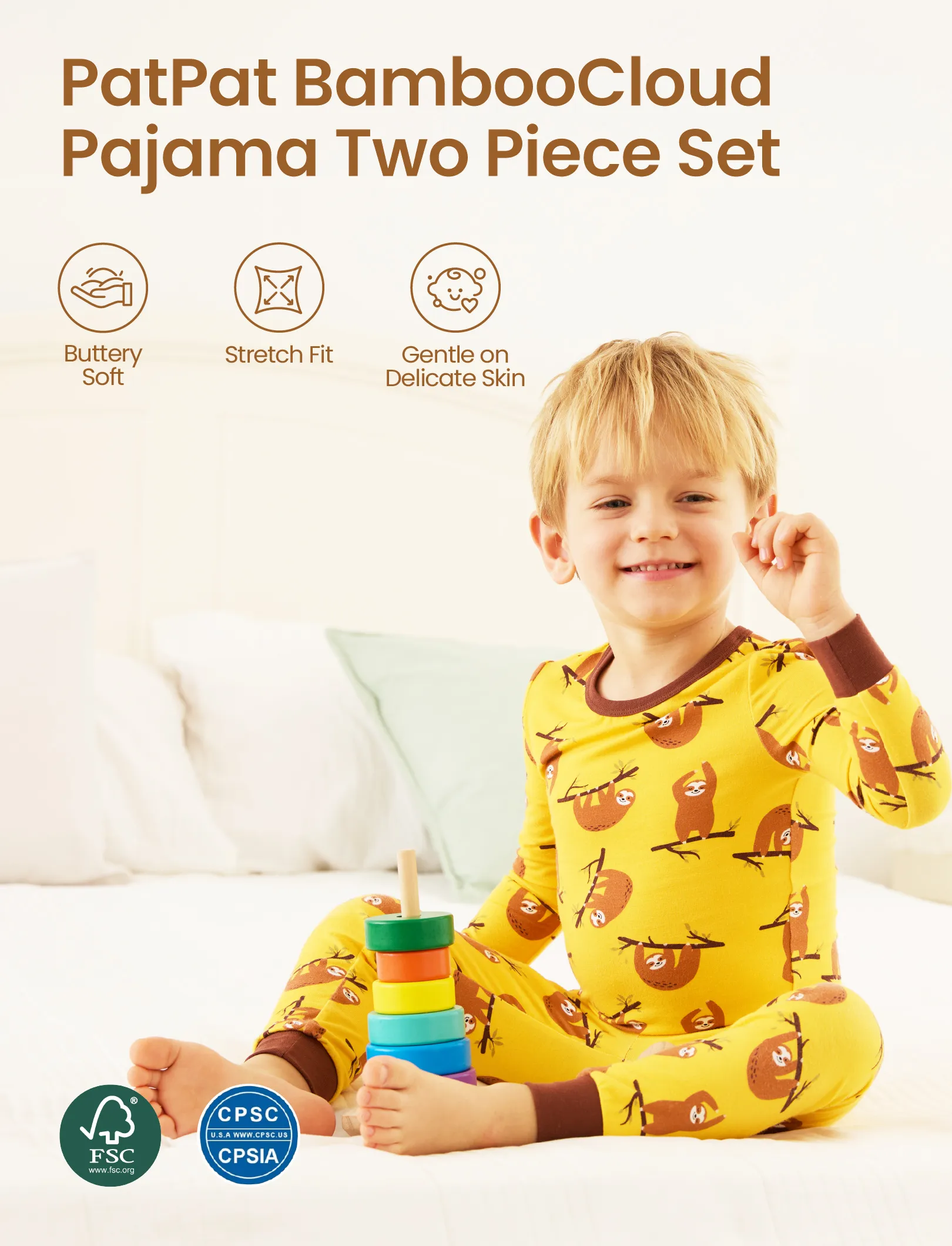 Christmas / Halloween Pajama 2-piece Bamboo Pajamas Set With Childlike Print for Baby / Toddler( Snug-Fitting) Yellow - Image 4